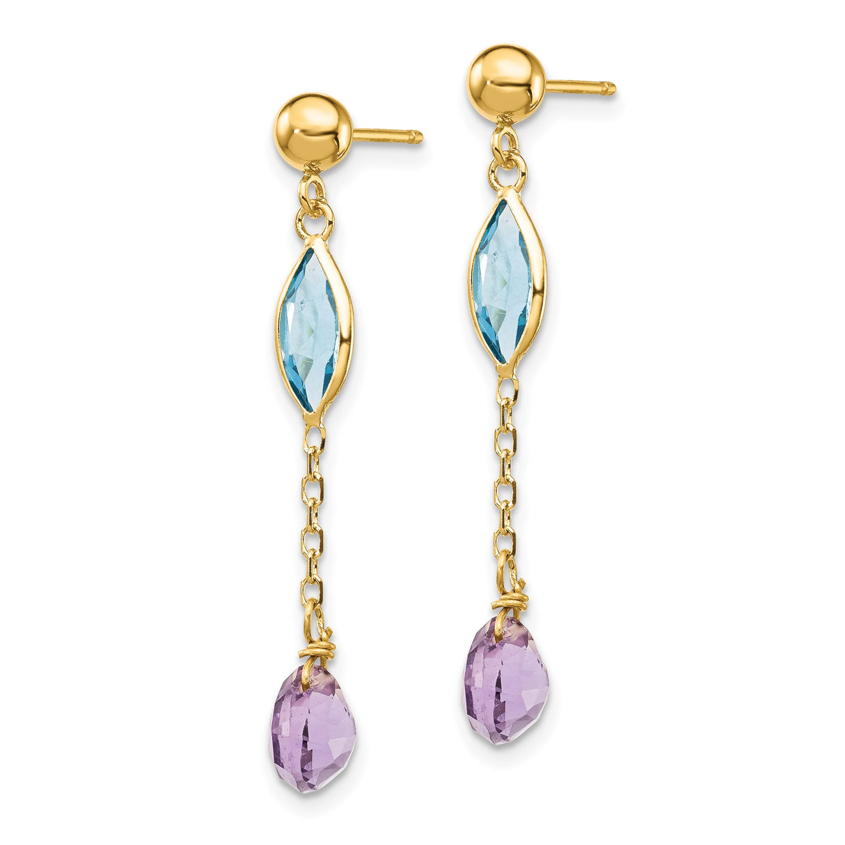 14k Yellow Gold Dangle Earrings with Marquise Blue Topaz and Teardrop Amethyst
