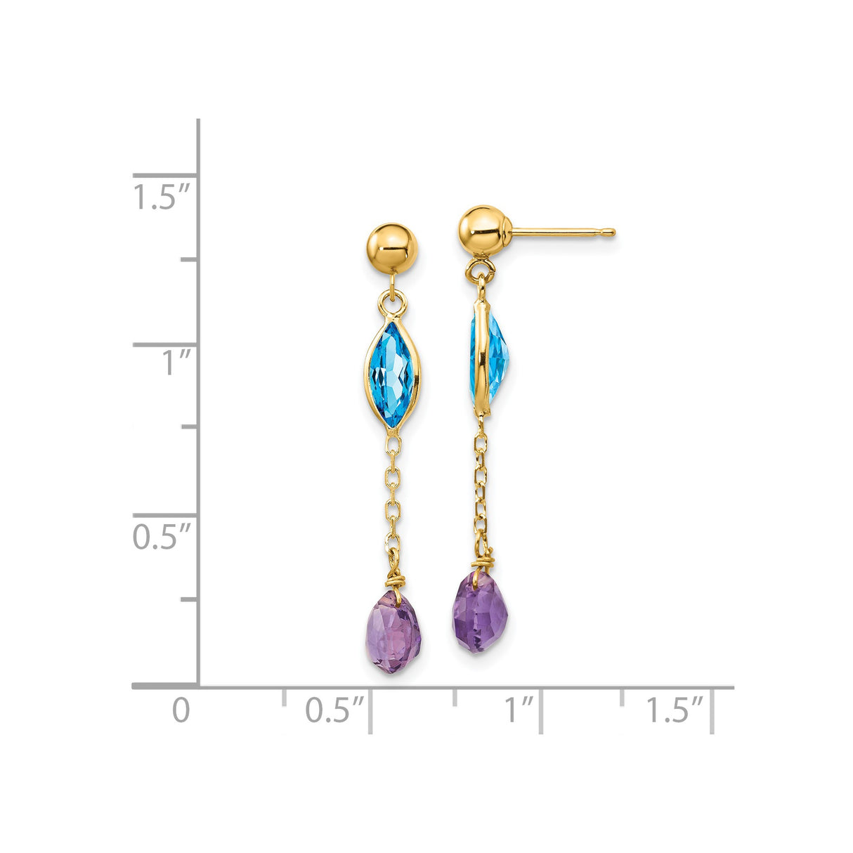 14k Yellow Gold Dangle Earrings with Marquise Blue Topaz and Teardrop Amethyst