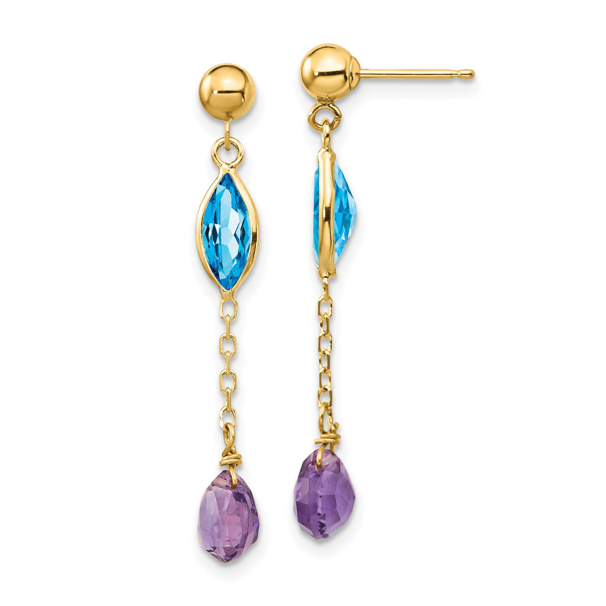 14k Yellow Gold Dangle Earrings with Marquise Blue Topaz and Teardrop Amethyst