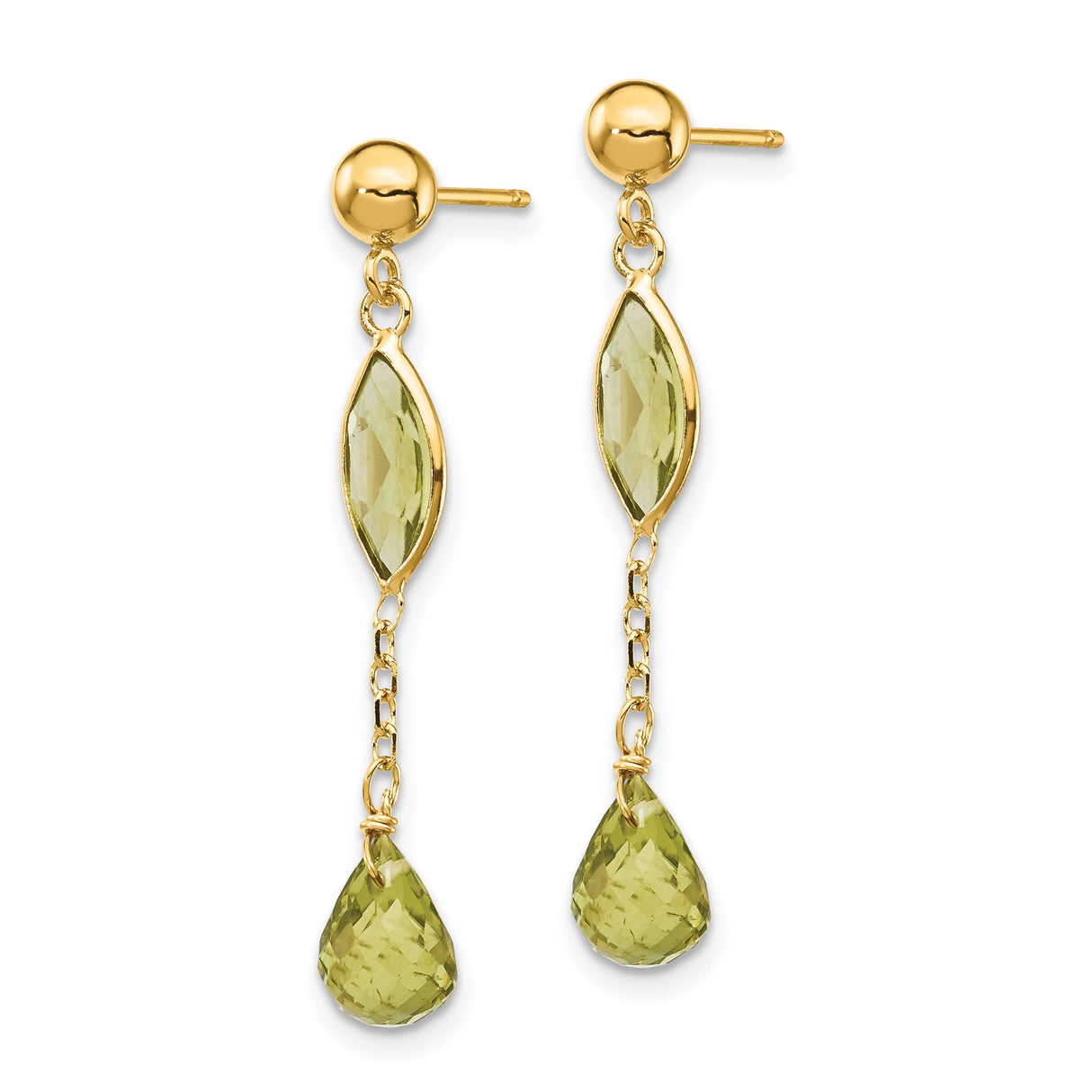 14k Yellow Gold Dangle Earrings with Marquise and Teardrop Peridot Gemstones