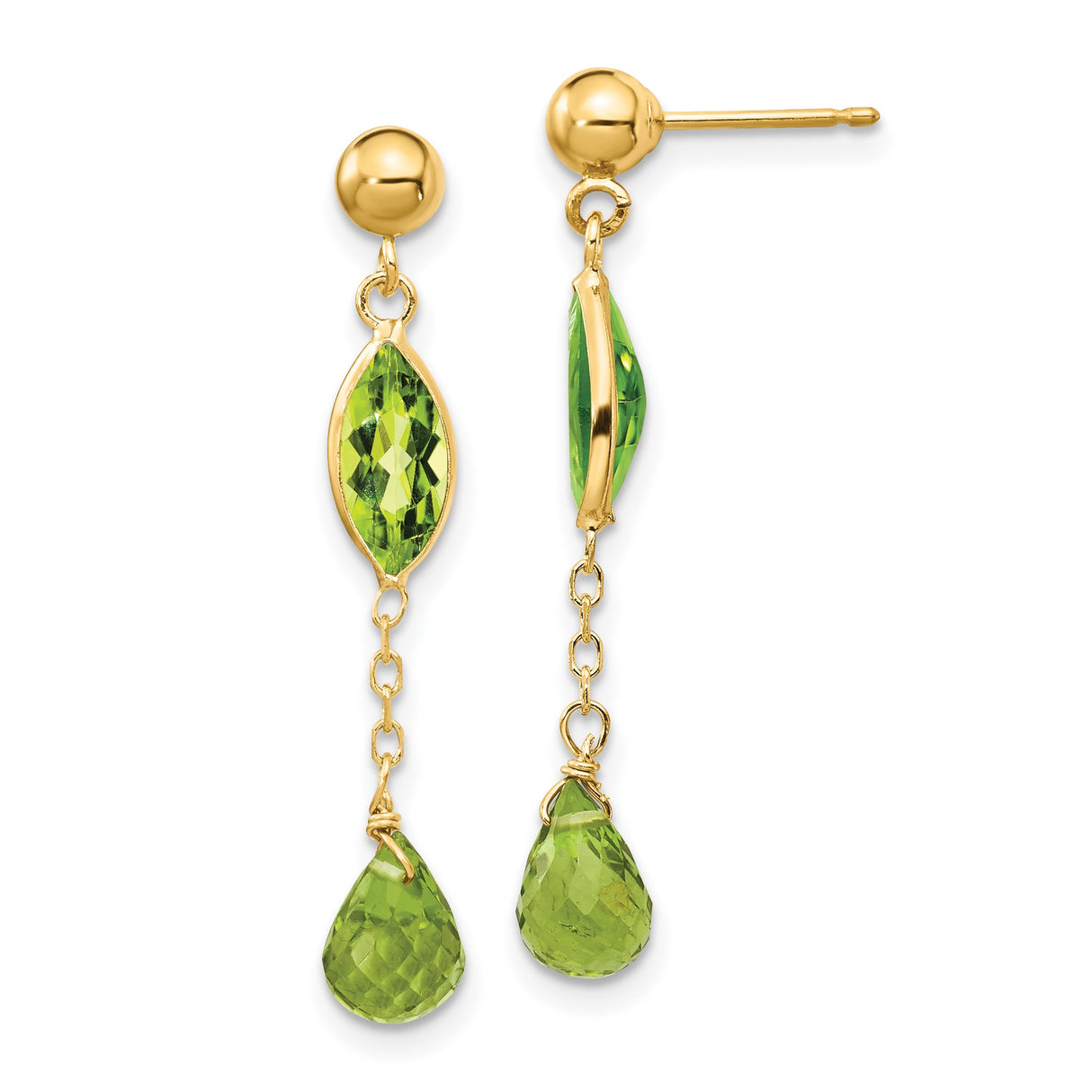14k Yellow Gold Dangle Earrings with Marquise and Teardrop Peridot Gemstones