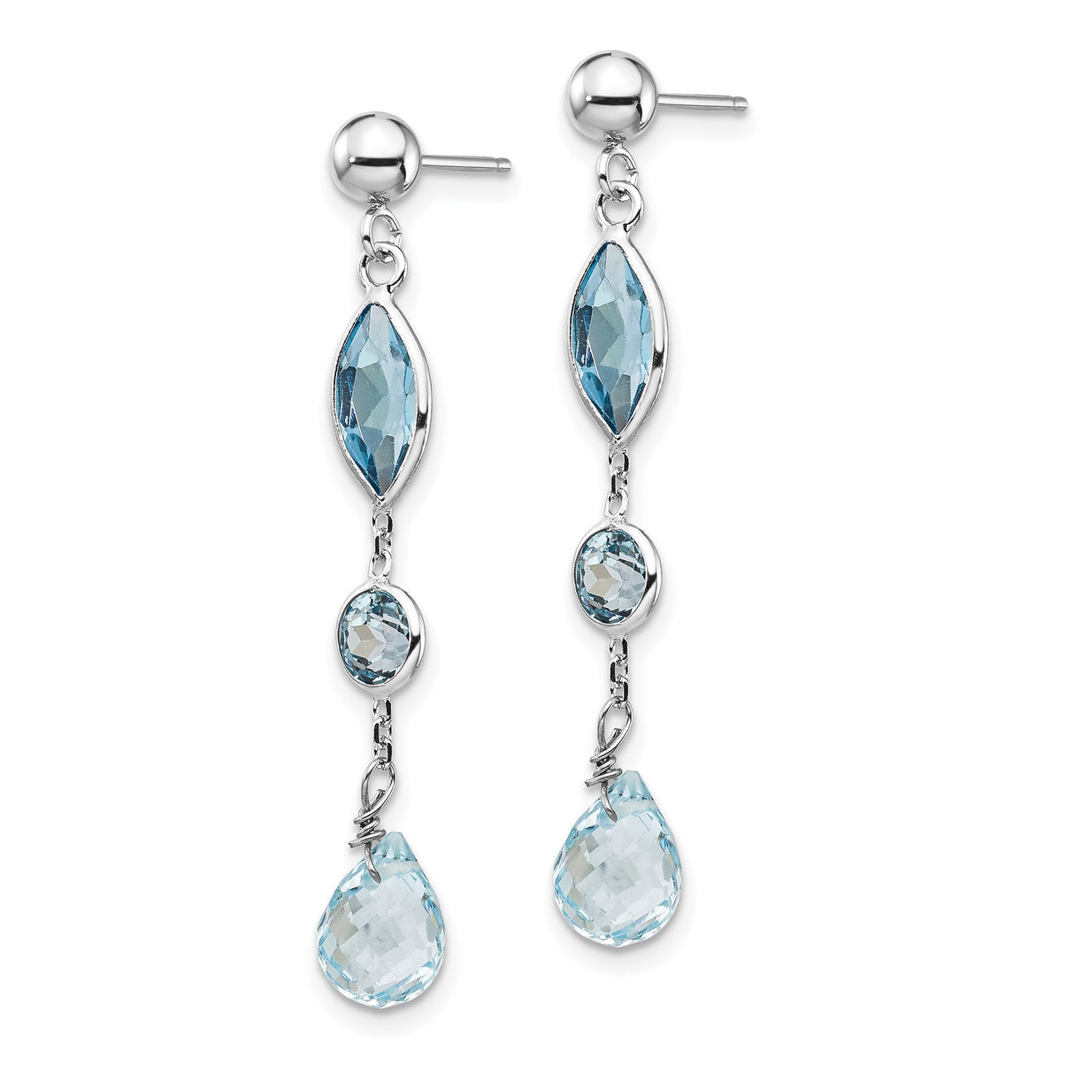 14k White Gold Dangle Earrings with Swiss Blue Topaz and Aquamarine Stones in Marquise and Teardrop Shapes
