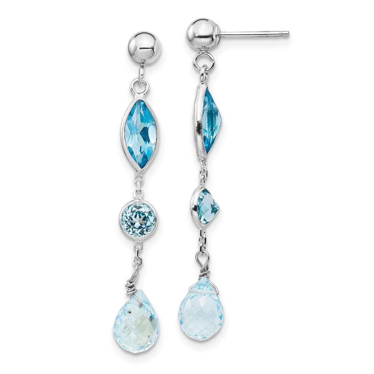 14k White Gold Dangle Earrings with Swiss Blue Topaz and Aquamarine Stones in Marquise and Teardrop Shapes