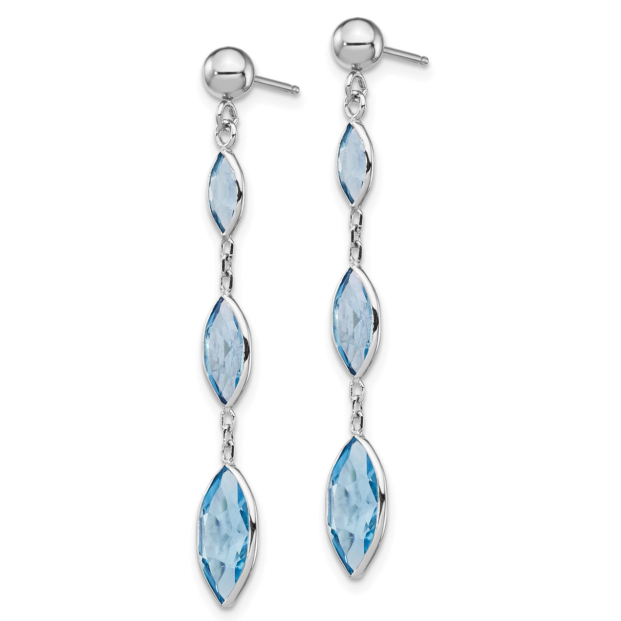 14k White Gold Dangle Earrings with Marquise Swiss Blue Topaz, Long Modern Design for Women