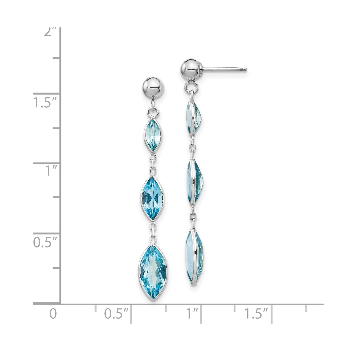 14k White Gold Dangle Earrings with Marquise Swiss Blue Topaz, Long Modern Design for Women