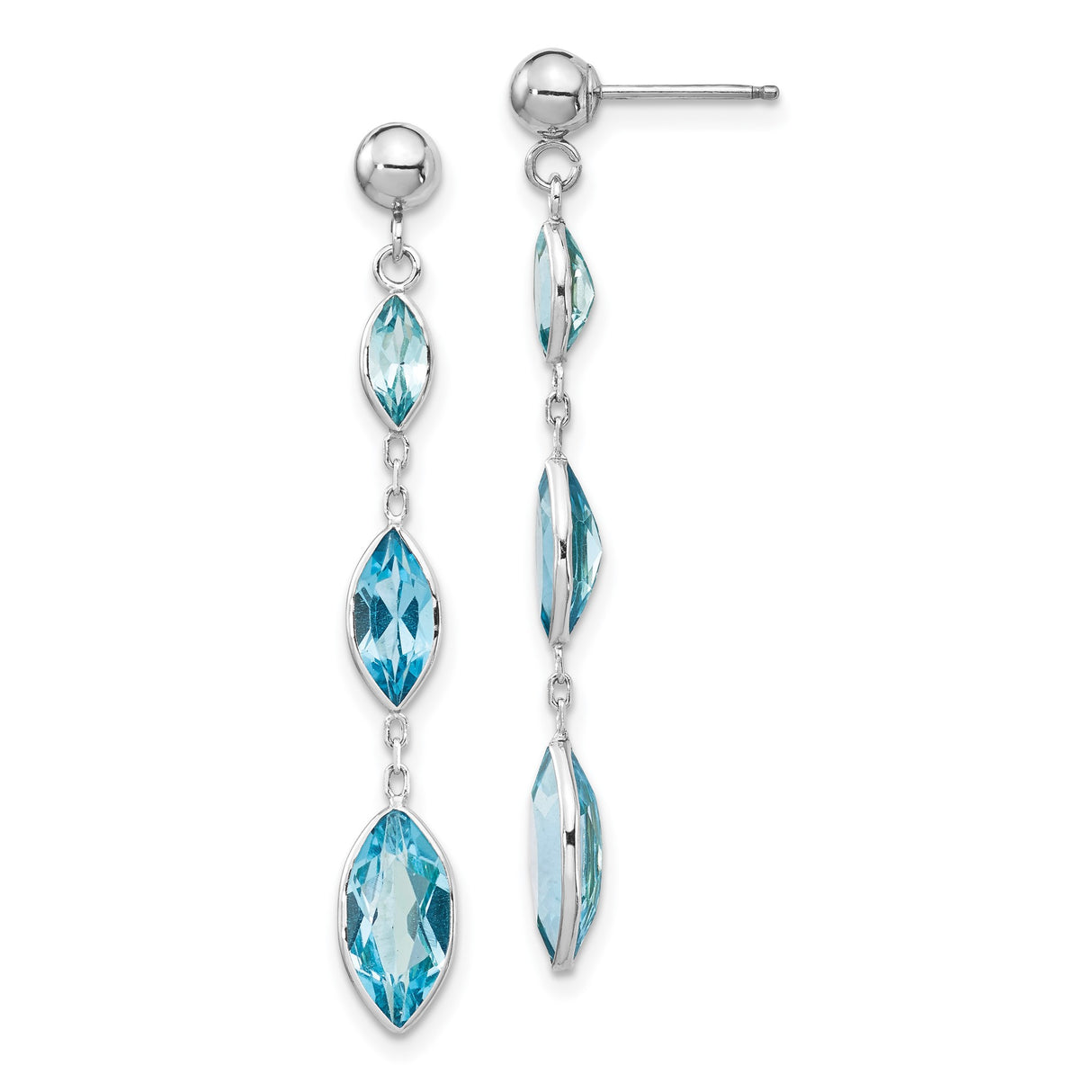 14k White Gold Dangle Earrings with Marquise Swiss Blue Topaz, Long Modern Design for Women