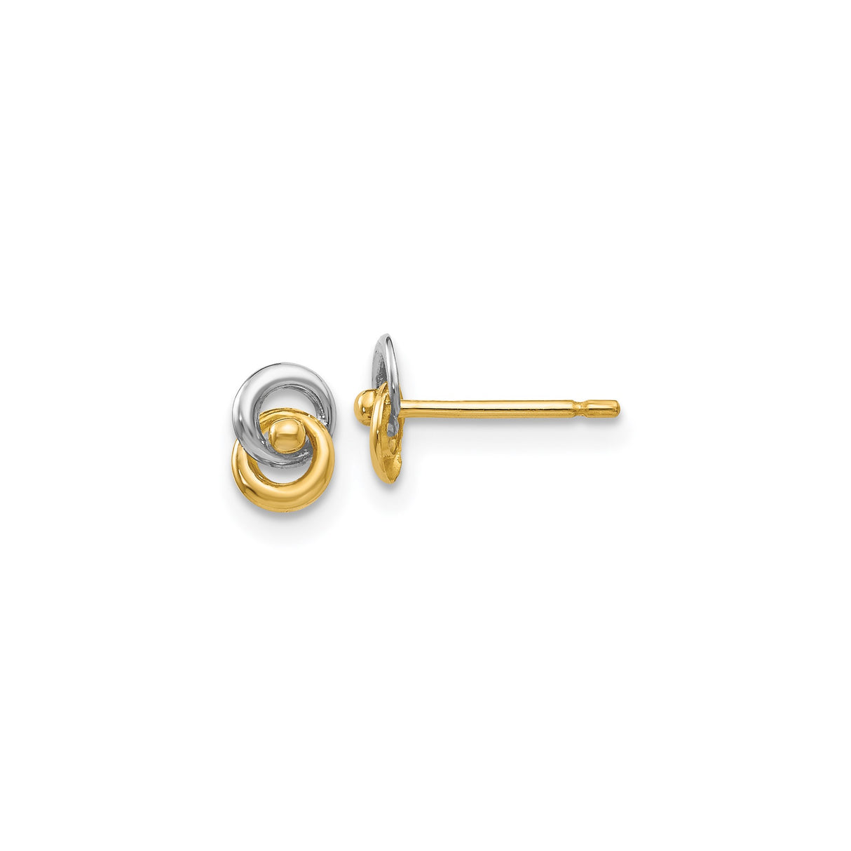 14k Yellow Gold Stud Earrings with Rhodium Double Intertwined Circle Design