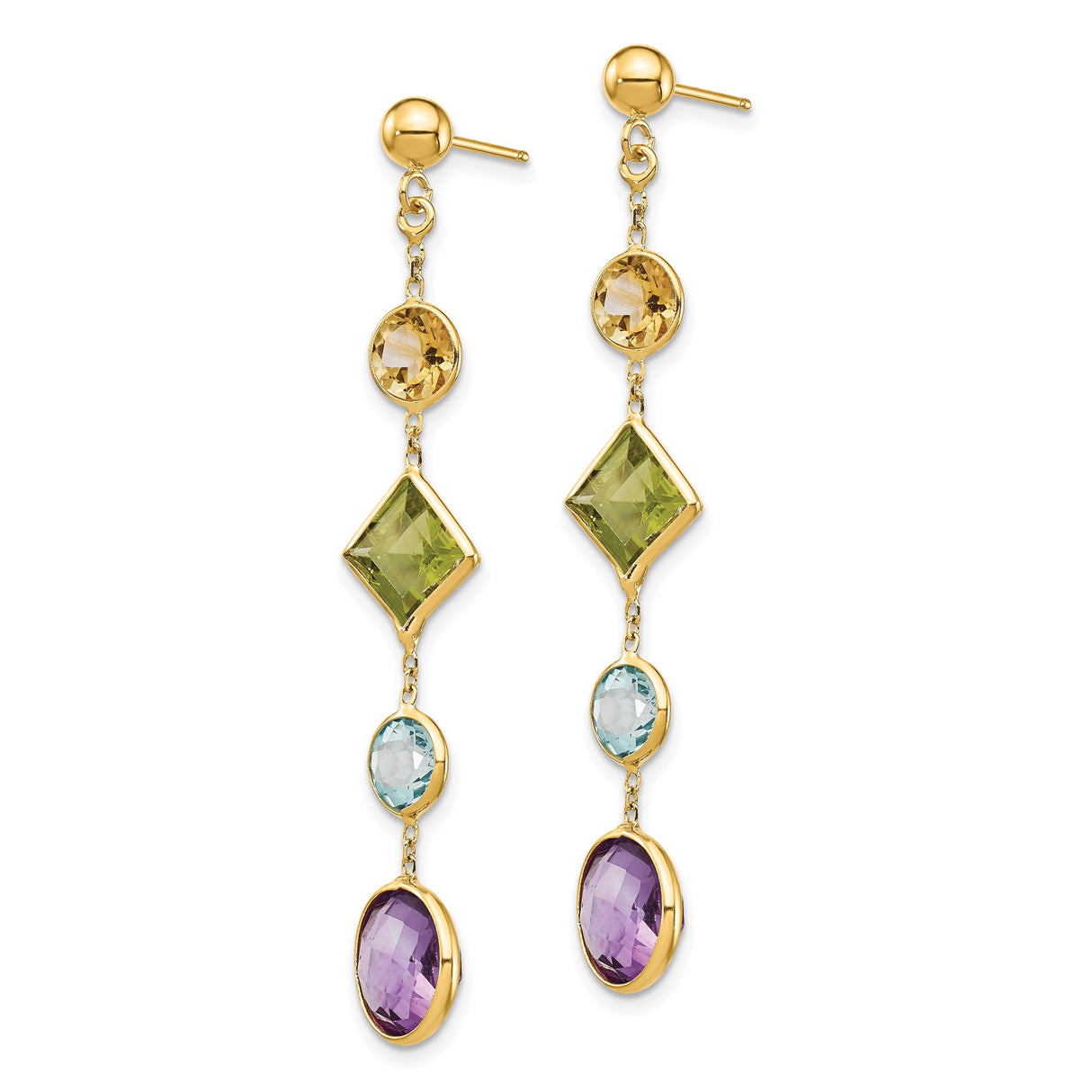 14k Yellow Gold Dangle Earrings with Amethyst, Peridot, Blue Topaz and Citrine, Multicolor Drop Design