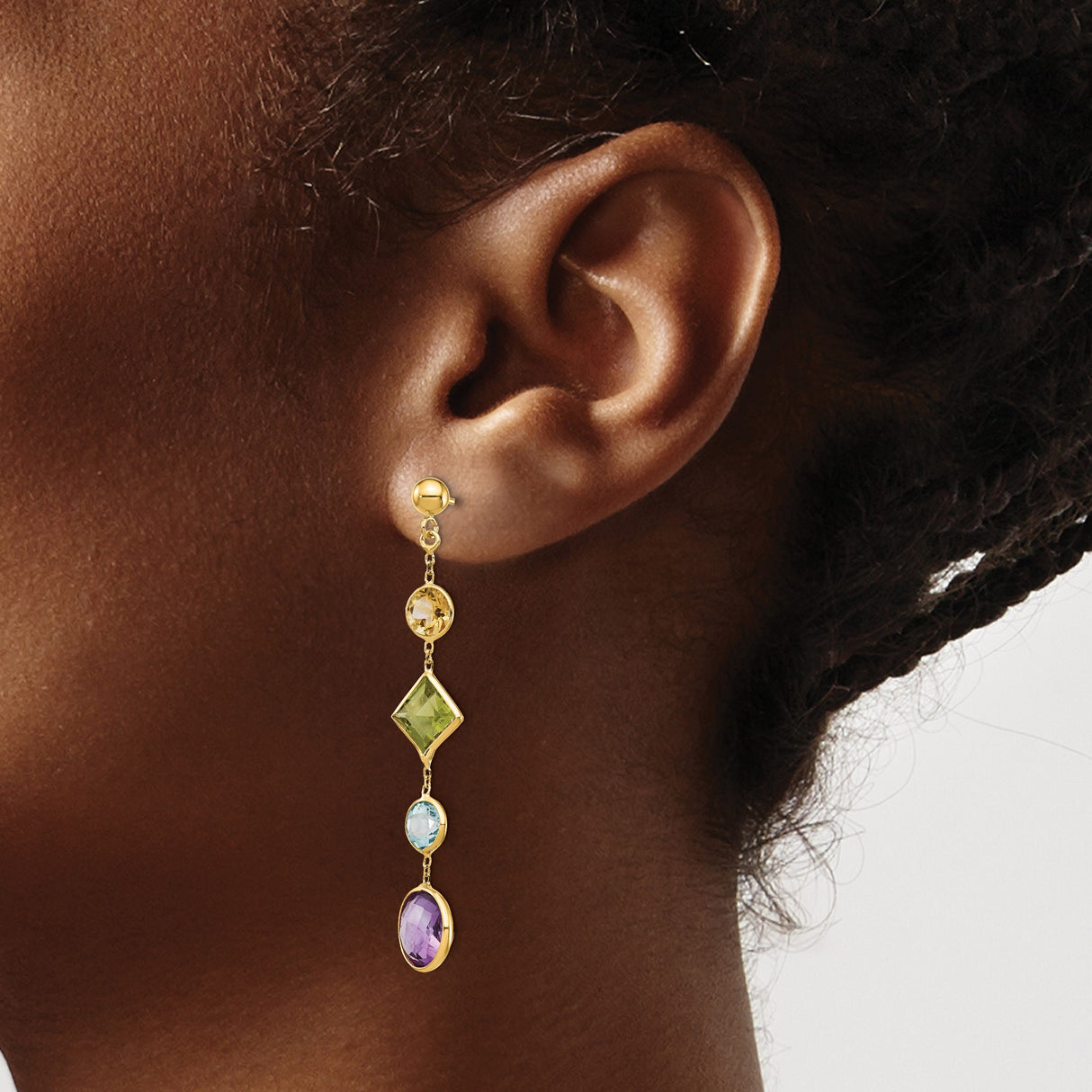 14k Yellow Gold Dangle Earrings with Amethyst, Peridot, Blue Topaz and Citrine, Multicolor Drop Design