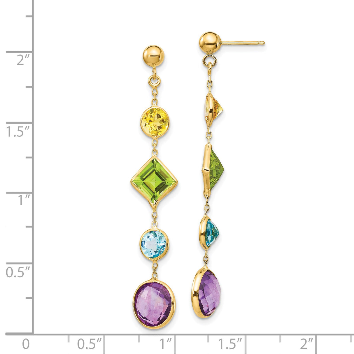 14k Yellow Gold Dangle Earrings with Amethyst, Peridot, Blue Topaz and Citrine, Multicolor Drop Design