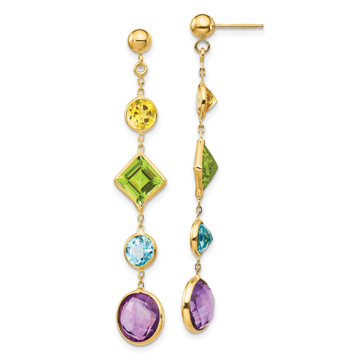 14k Yellow Gold Dangle Earrings with Amethyst, Peridot, Blue Topaz and Citrine, Multicolor Drop Design