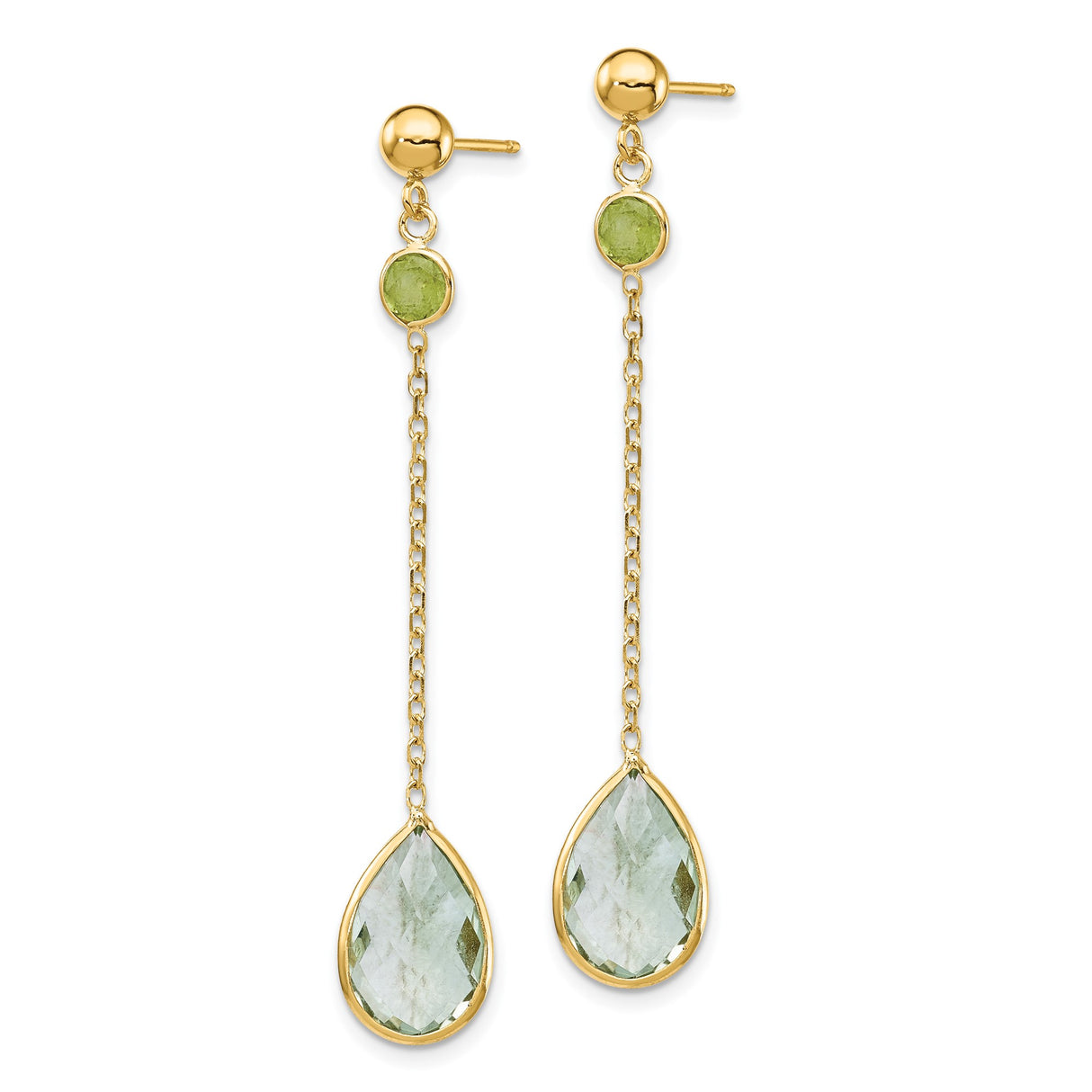 14k Yellow Gold Dangle Earrings with Peridot and Green Amethyst Drops, Minimalist Style