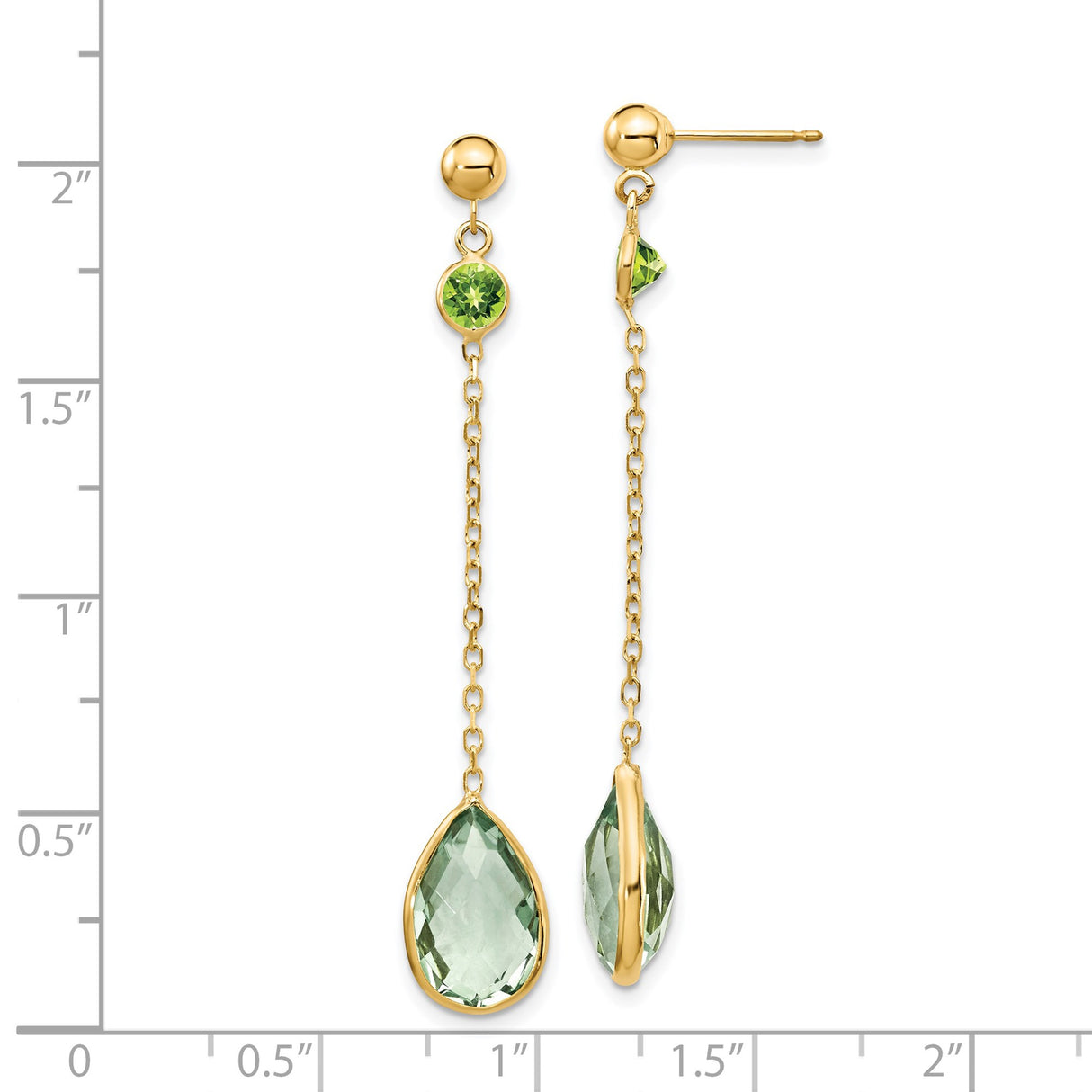 14k Yellow Gold Dangle Earrings with Peridot and Green Amethyst Drops, Minimalist Style