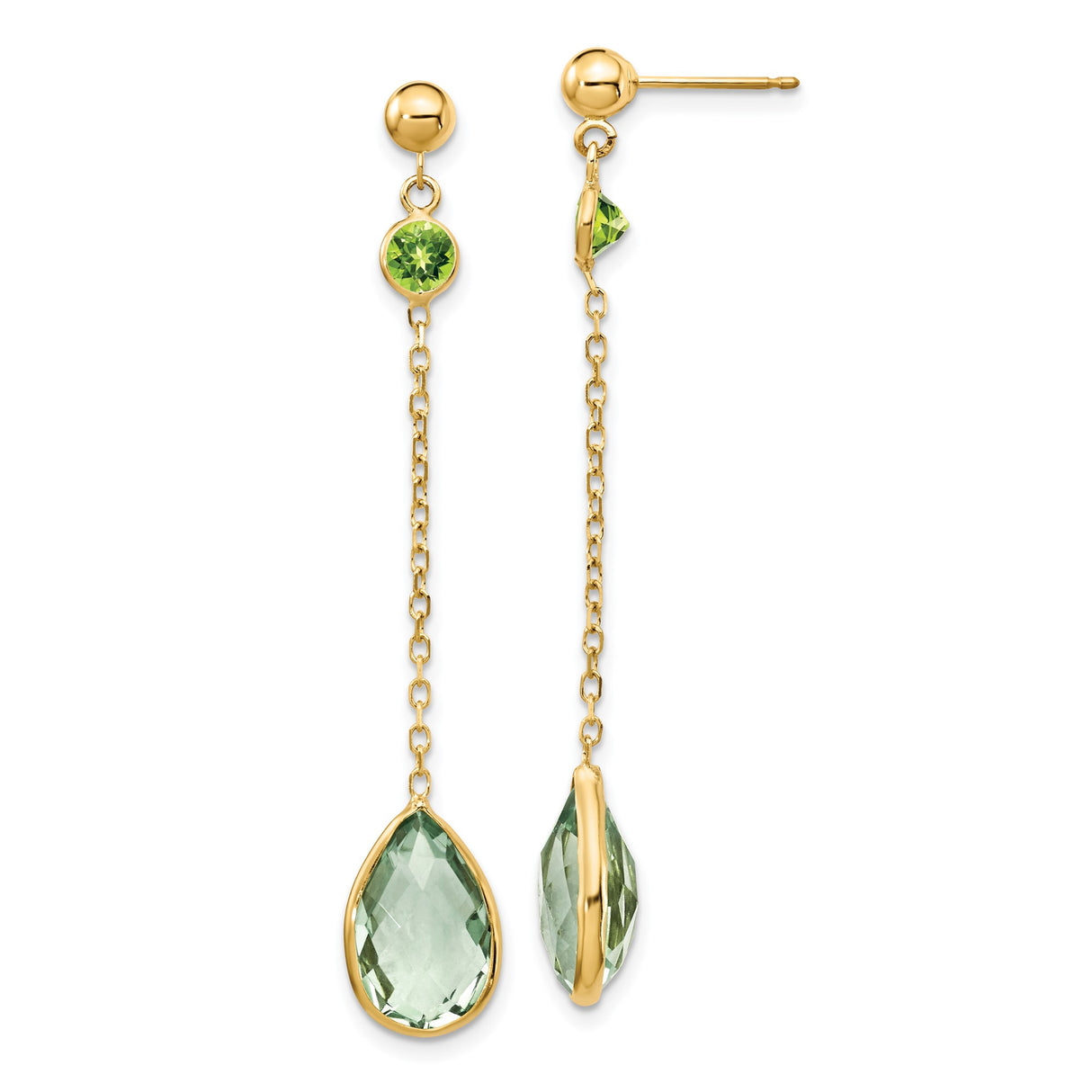 14k Yellow Gold Dangle Earrings with Peridot and Green Amethyst Drops, Minimalist Style