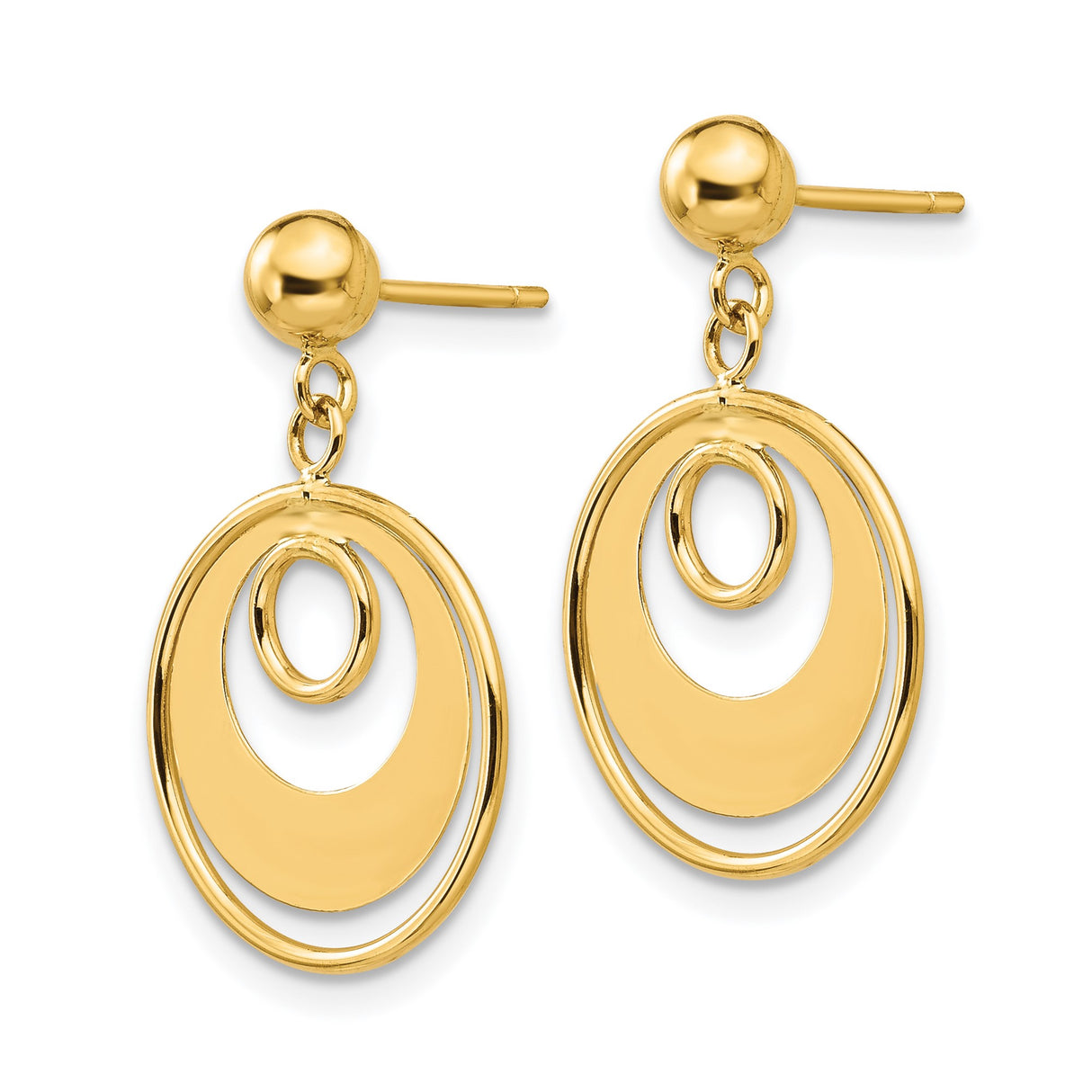 14k Yellow Gold Dangle Earrings, Open Circle Design with Concentric Rings, Lightweight Geometric Style