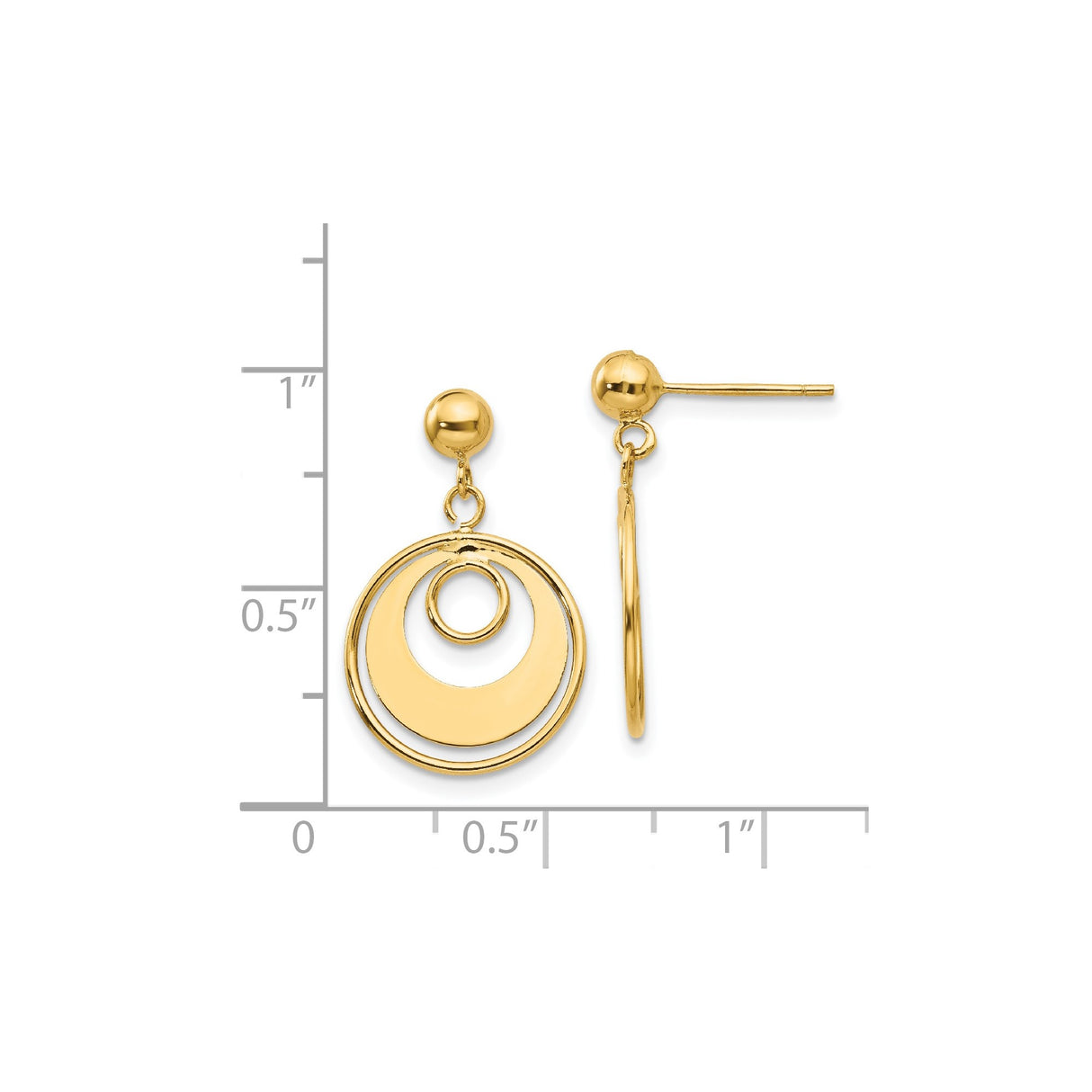 14k Yellow Gold Dangle Earrings, Open Circle Design with Concentric Rings, Lightweight Geometric Style