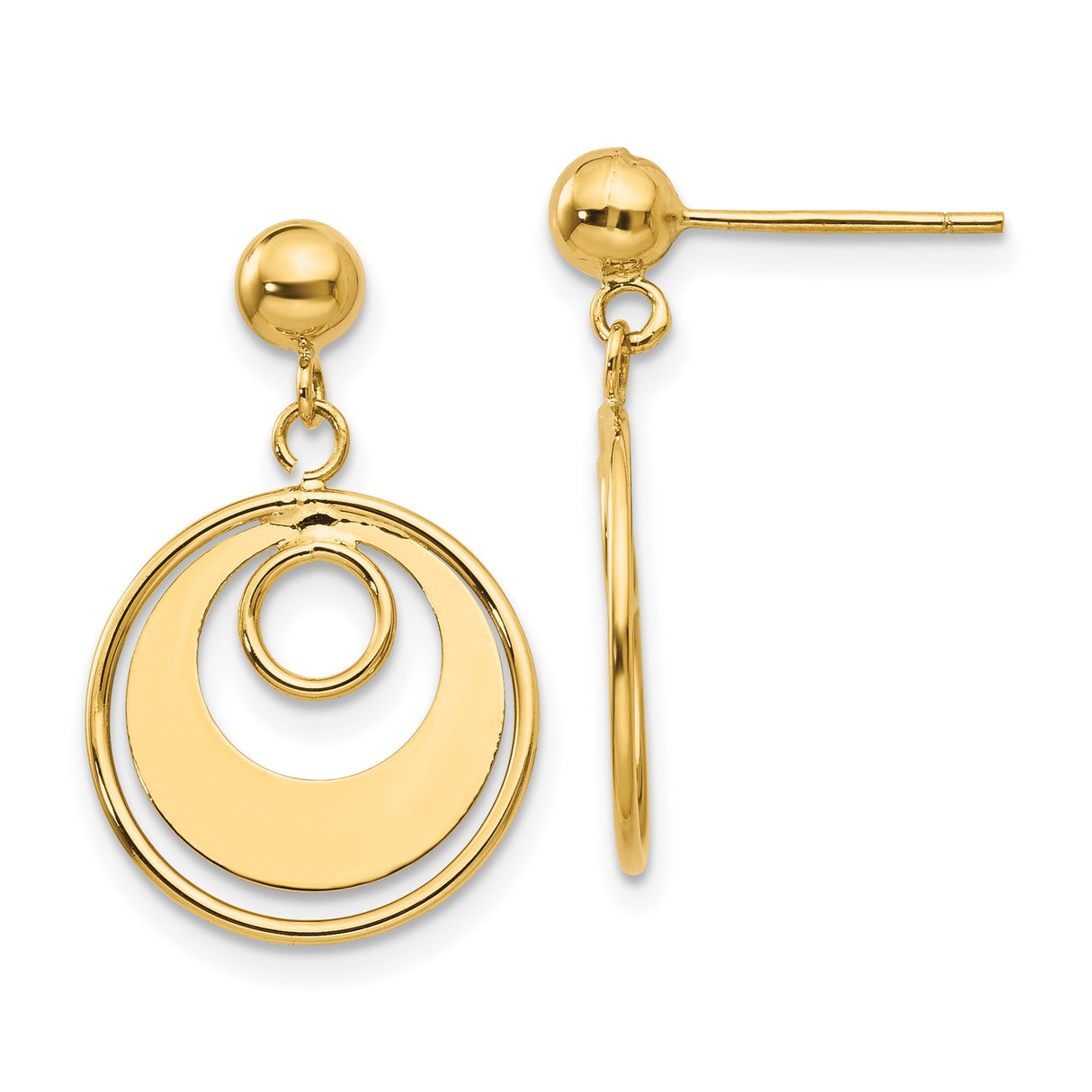 14k Yellow Gold Dangle Earrings, Open Circle Design with Concentric Rings, Lightweight Geometric Style