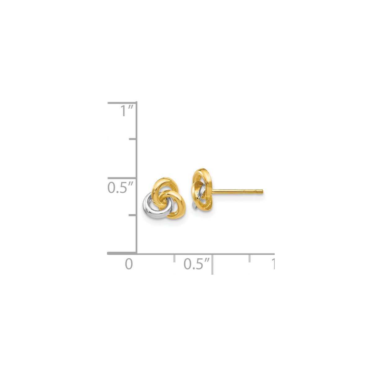 14k Yellow Gold Love Knot Stud Earrings with White and Yellow Gold Loops, Tri-Tone Design for Women