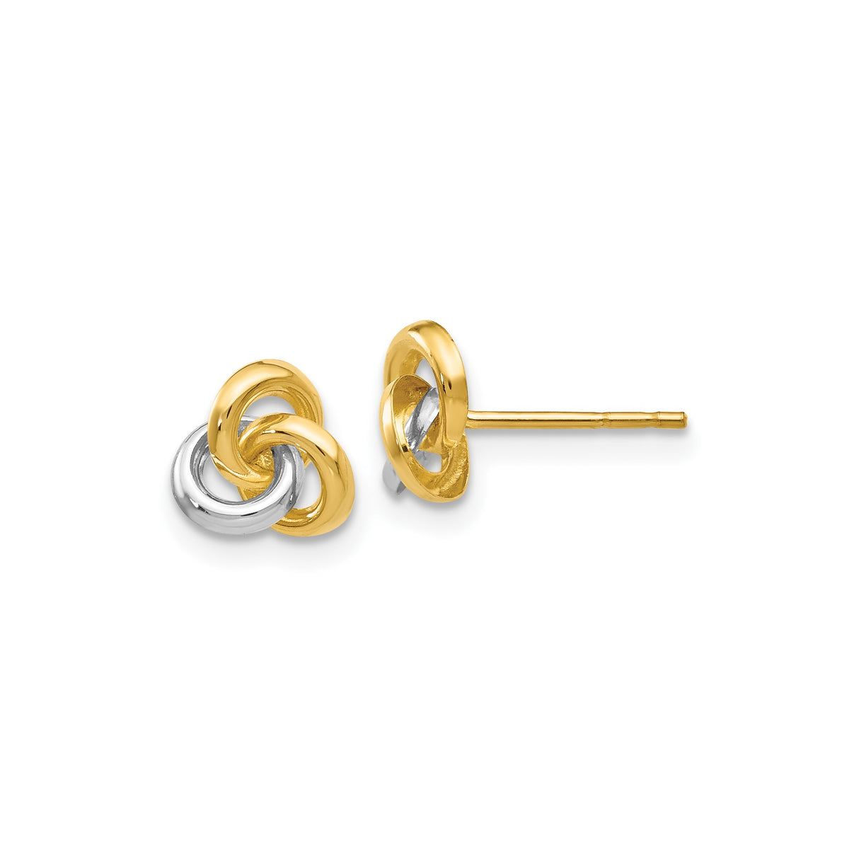 14k Yellow Gold Love Knot Stud Earrings with White and Yellow Gold Loops, Tri-Tone Design for Women