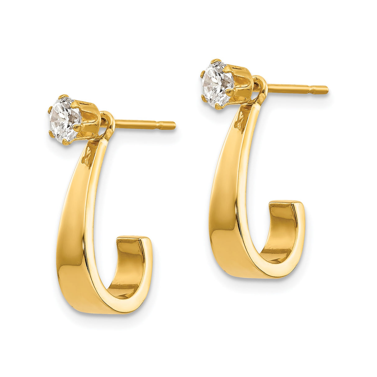 14k Yellow Gold Earrings with Cubic Zirconia, Open Hook J Hoop Design, Minimalist Style for Women