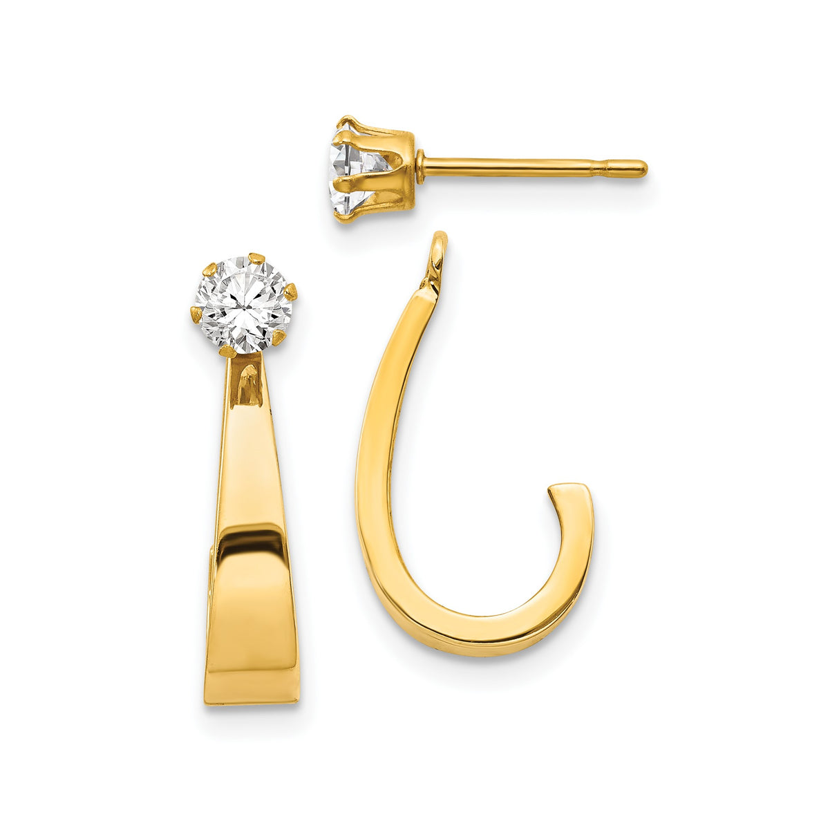 14k Yellow Gold Earrings with Cubic Zirconia, Open Hook J Hoop Design, Minimalist Style for Women
