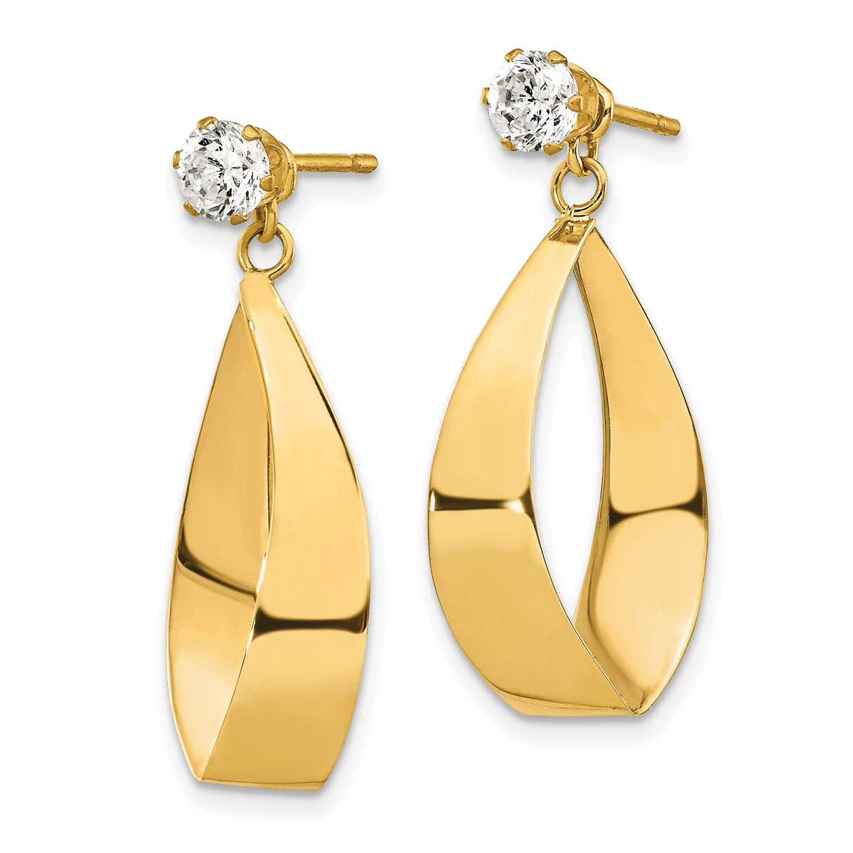 14k Yellow Gold Dangle Earrings with Cubic Zirconia Studs, Twisted Open Drop Design for Women
