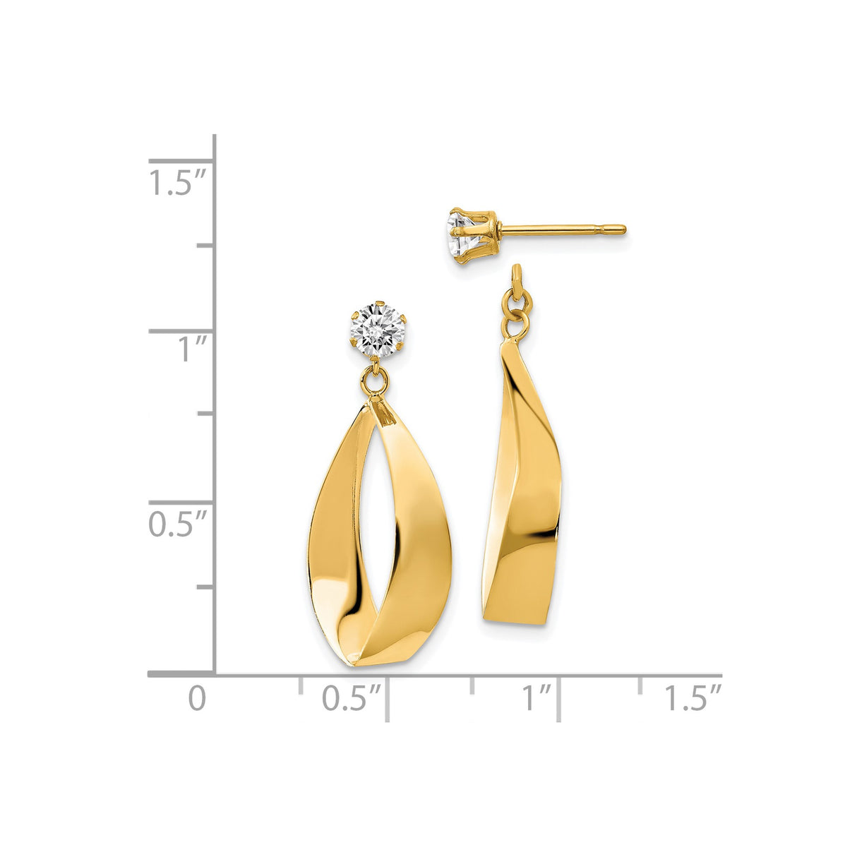 14k Yellow Gold Dangle Earrings with Cubic Zirconia Studs, Twisted Open Drop Design for Women