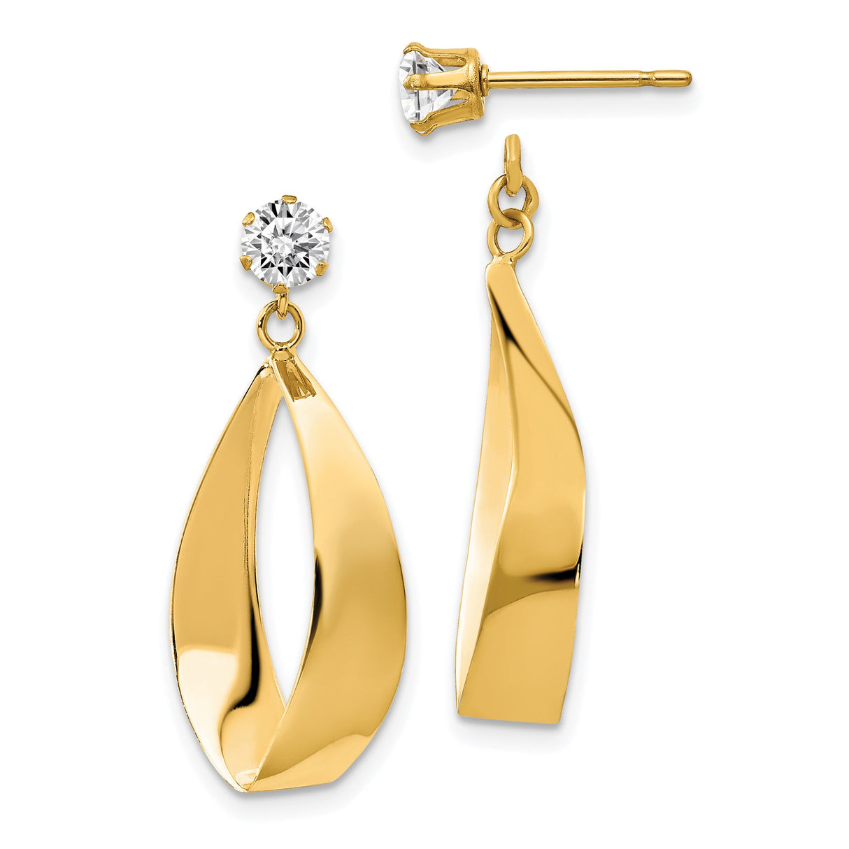 14k Yellow Gold Dangle Earrings with Cubic Zirconia Studs, Twisted Open Drop Design for Women