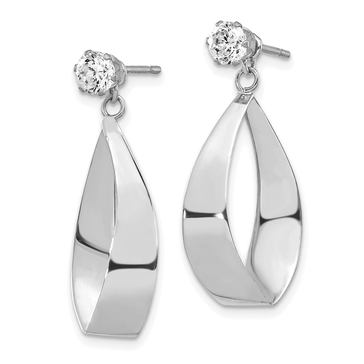 14k White Gold Dangle Earrings with Cubic Zirconia, Twisted Open Marquise Drop Design