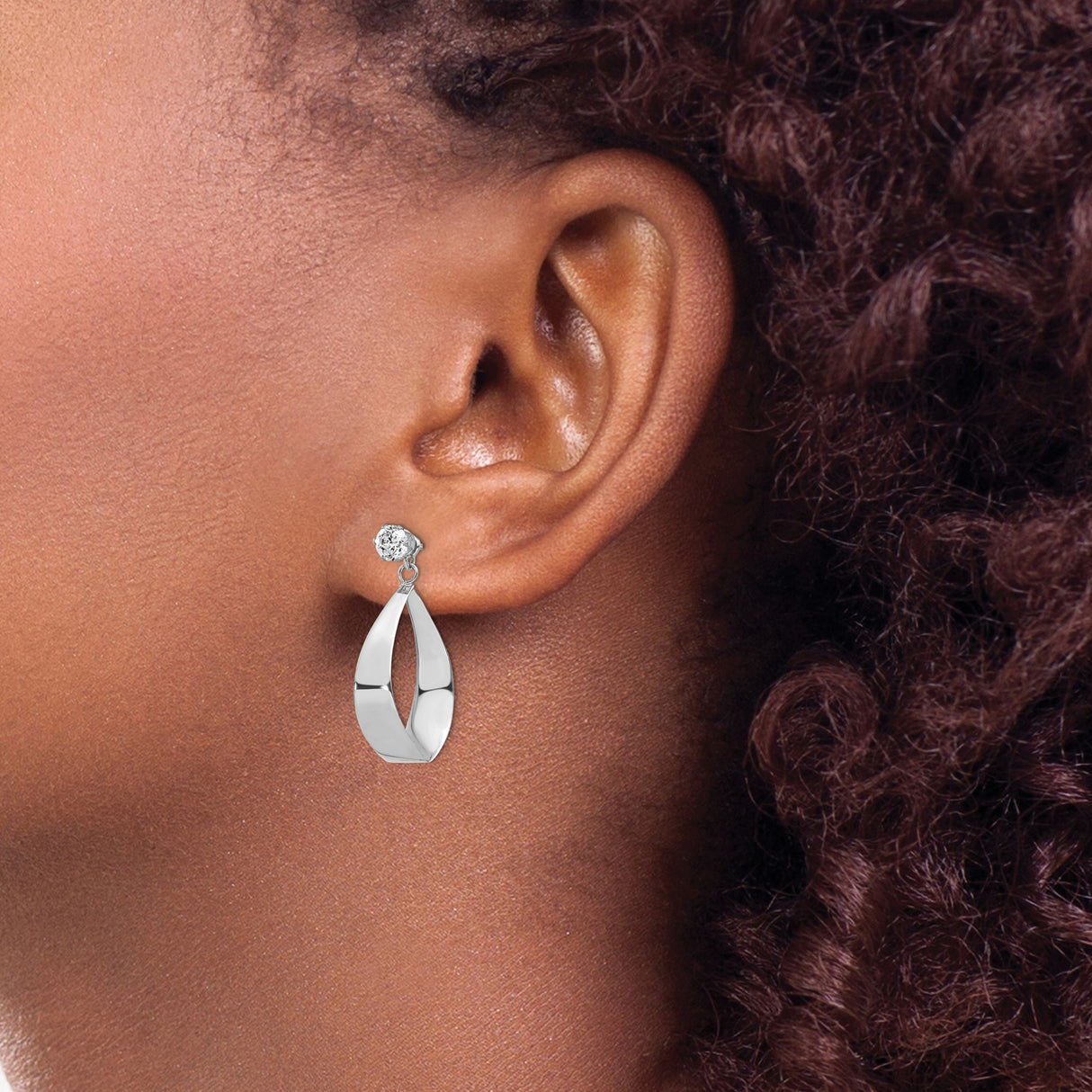 14k White Gold Dangle Earrings with Cubic Zirconia, Twisted Open Marquise Drop Design