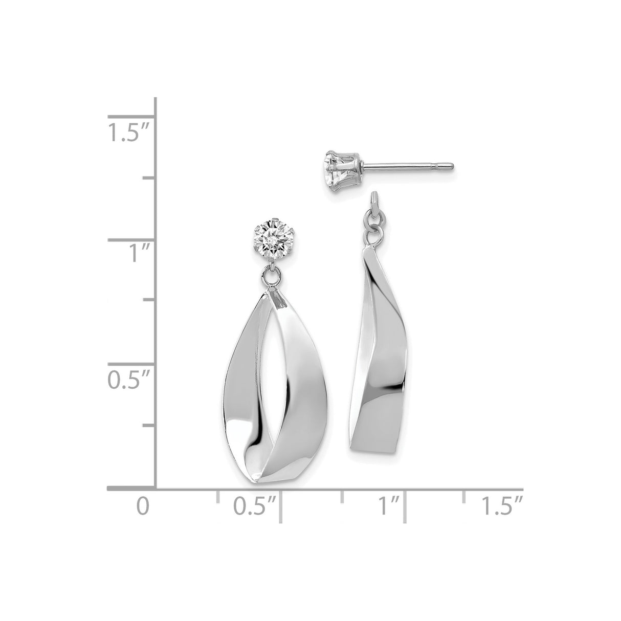 14k White Gold Dangle Earrings with Cubic Zirconia, Twisted Open Marquise Drop Design