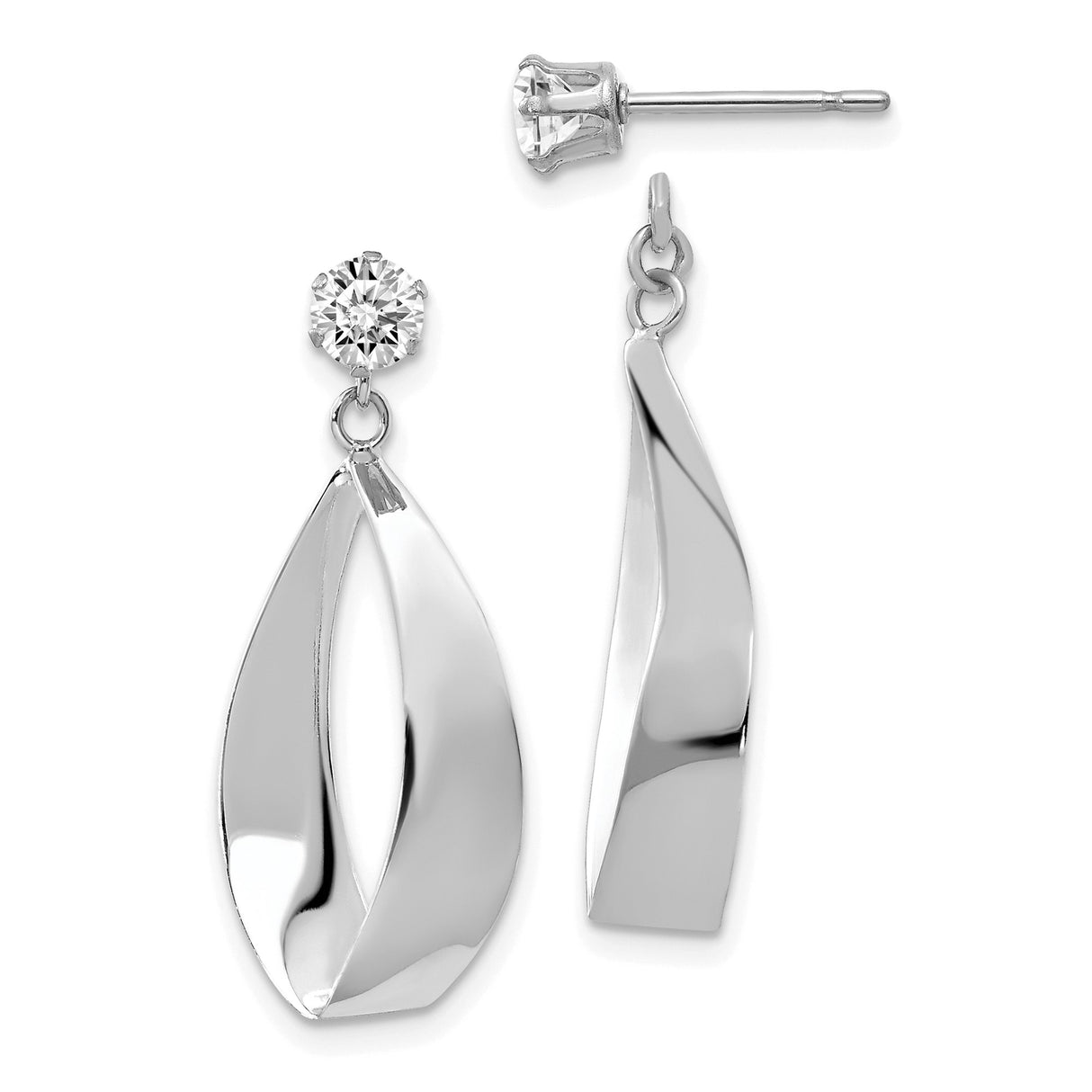 14k White Gold Dangle Earrings with Cubic Zirconia, Twisted Open Marquise Drop Design