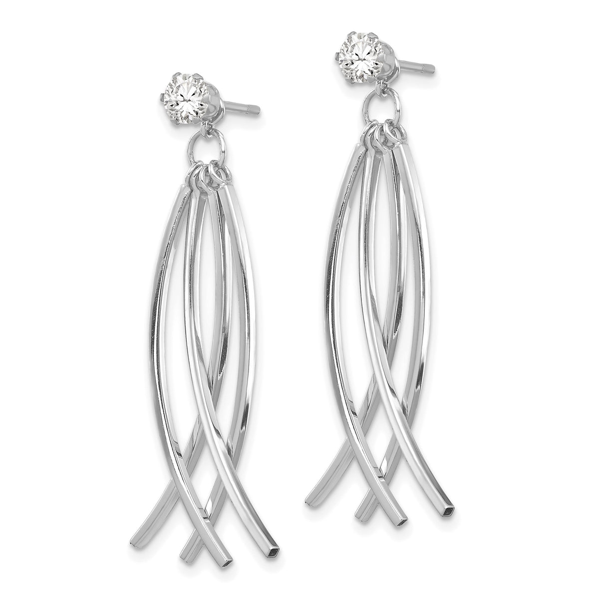 14k White Gold Dangle Drop Earrings with Cubic Zirconia, Curved Bar Design, Modern Style