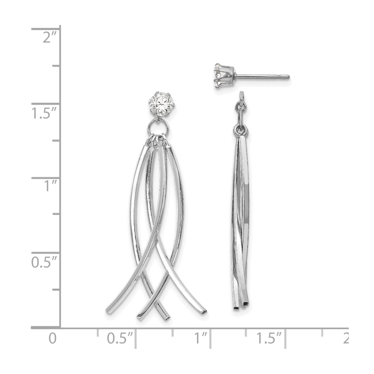 14k White Gold Dangle Drop Earrings with Cubic Zirconia, Curved Bar Design, Modern Style