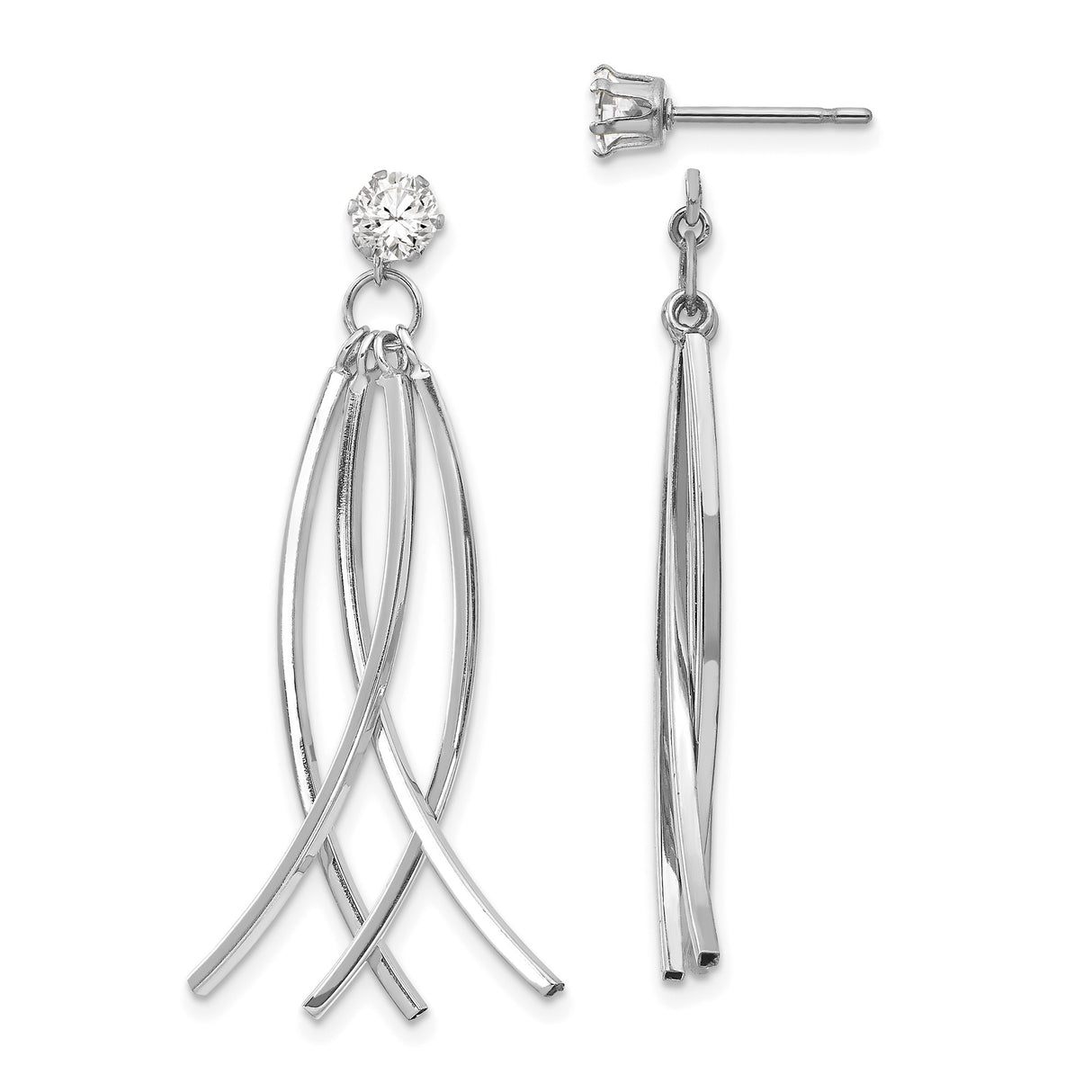 14k White Gold Dangle Drop Earrings with Cubic Zirconia, Curved Bar Design, Modern Style