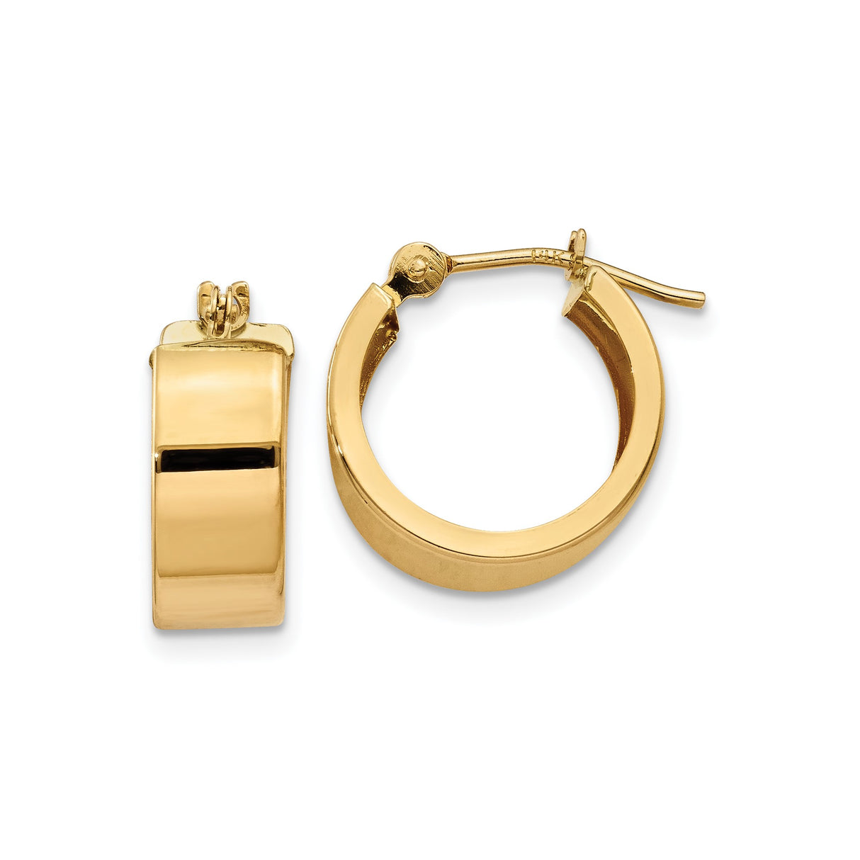 14k Yellow Gold Hoop Earrings, Wide Flat Lightweight Design, High Polish Finish