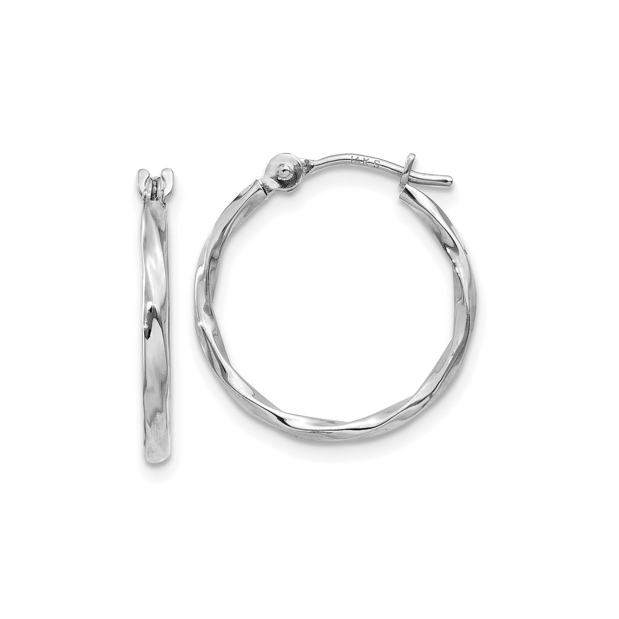 14k White Gold Twisted Hoop Earrings with Polished Textured Detail for Women