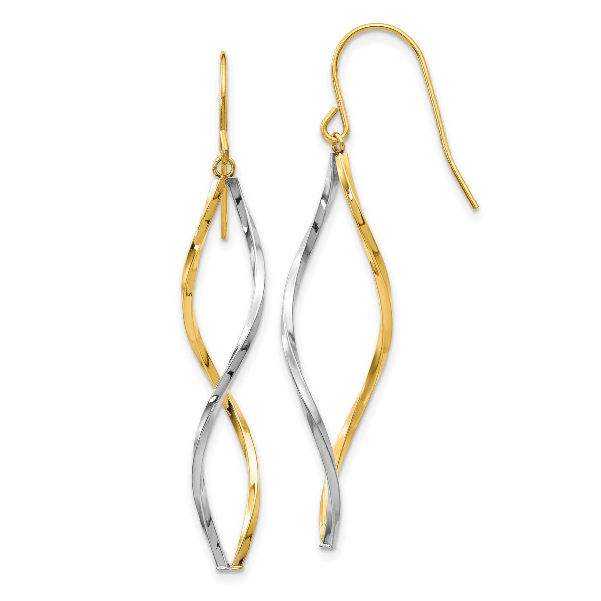 14k Yellow Gold Dangle Earrings, Two-Tone Twisted Interwoven Design, Modern Flowing Style