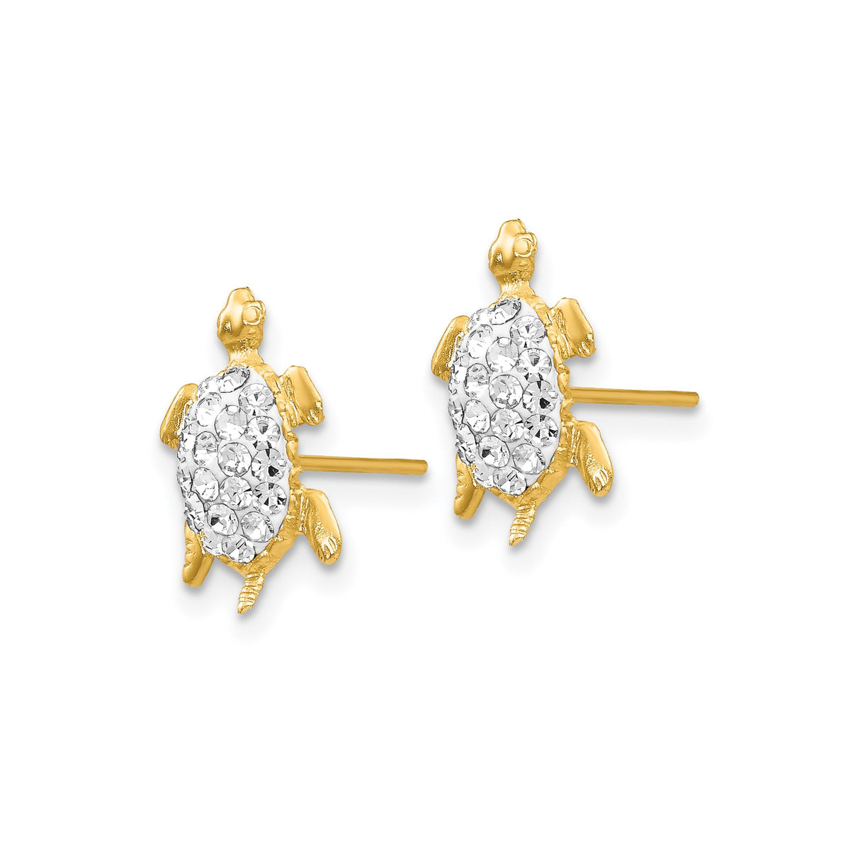 14k Yellow Gold Turtle Stud Earrings with Clear Crystal Accents, Nature Inspired Animal Jewelry