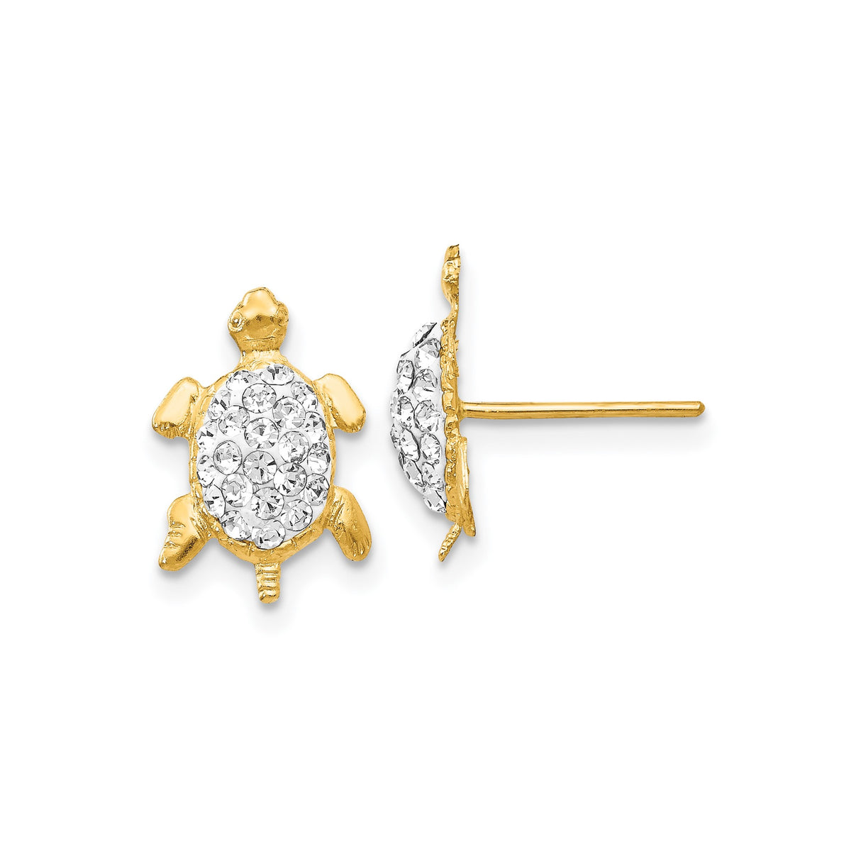 14k Yellow Gold Turtle Stud Earrings with Clear Crystal Accents, Nature Inspired Animal Jewelry