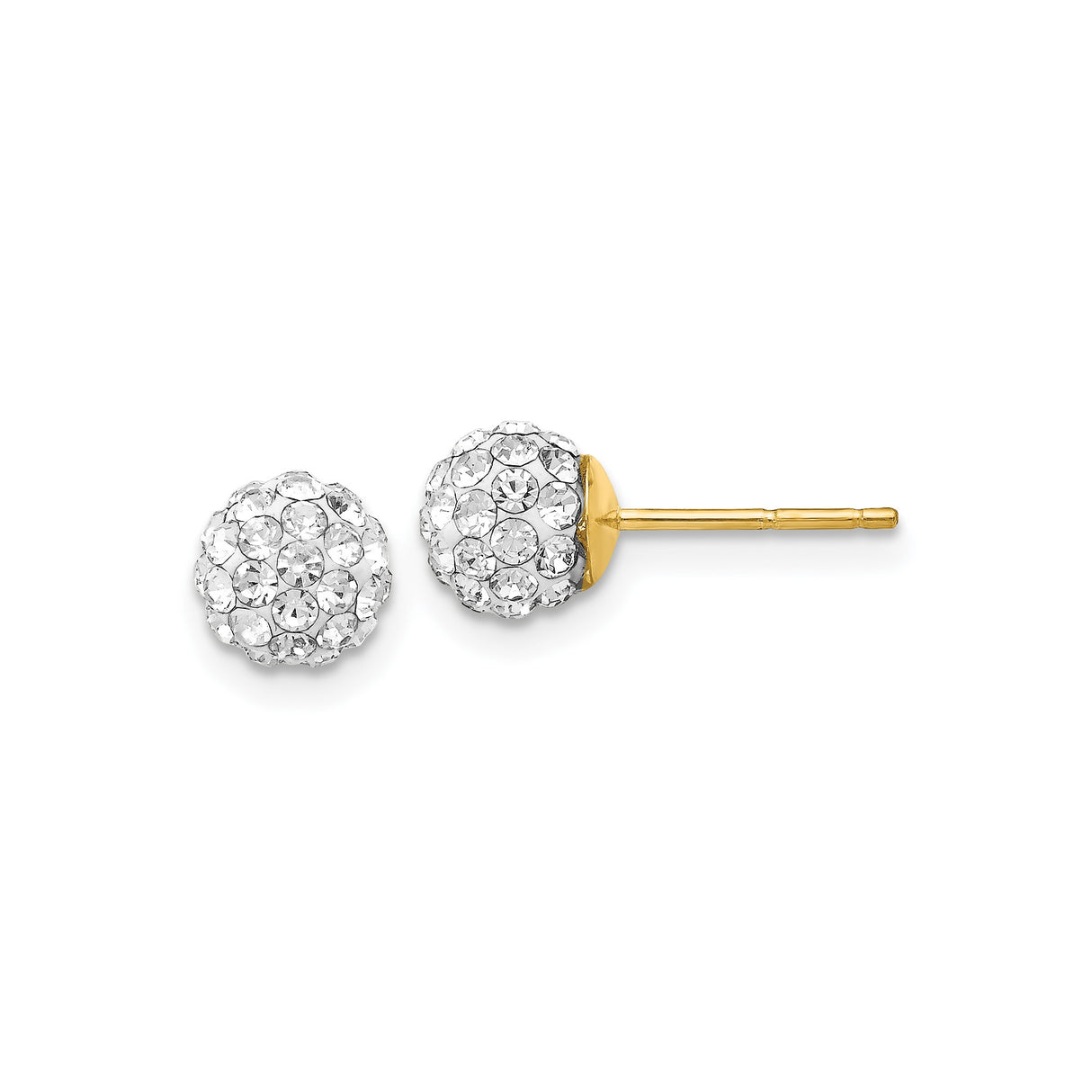 14k Yellow Gold Stud Earrings with Round Pavé-Set White Crystals, Crystal Cluster Ball Design