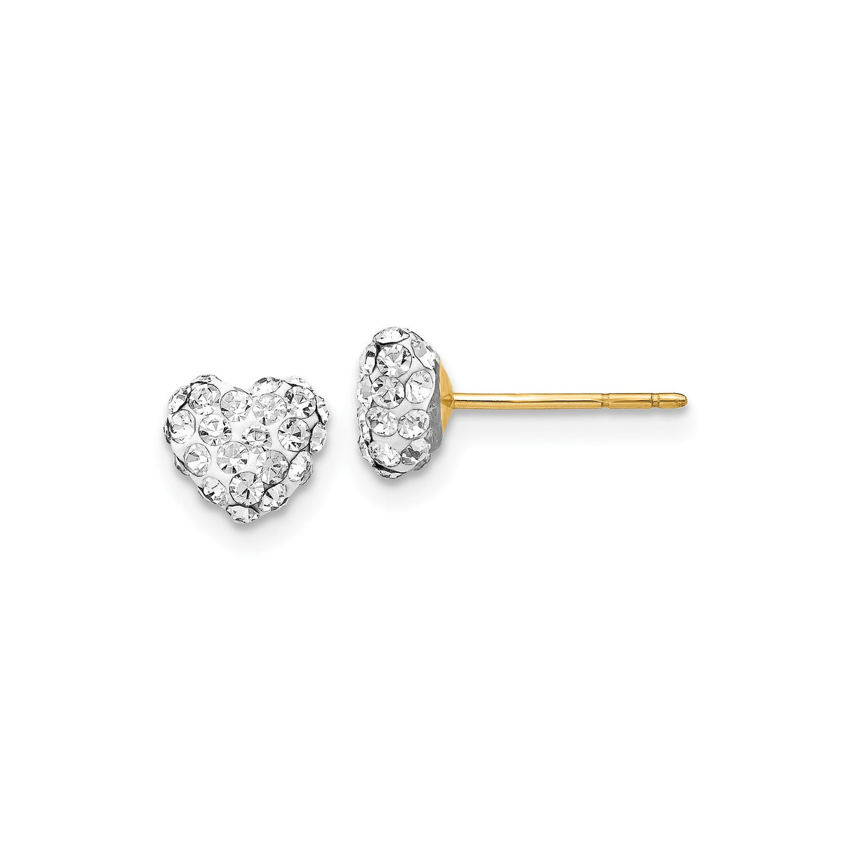 14k Yellow Gold Heart Stud Earrings with Clear Crystal Accents, Dainty Romantic Jewelry for Women