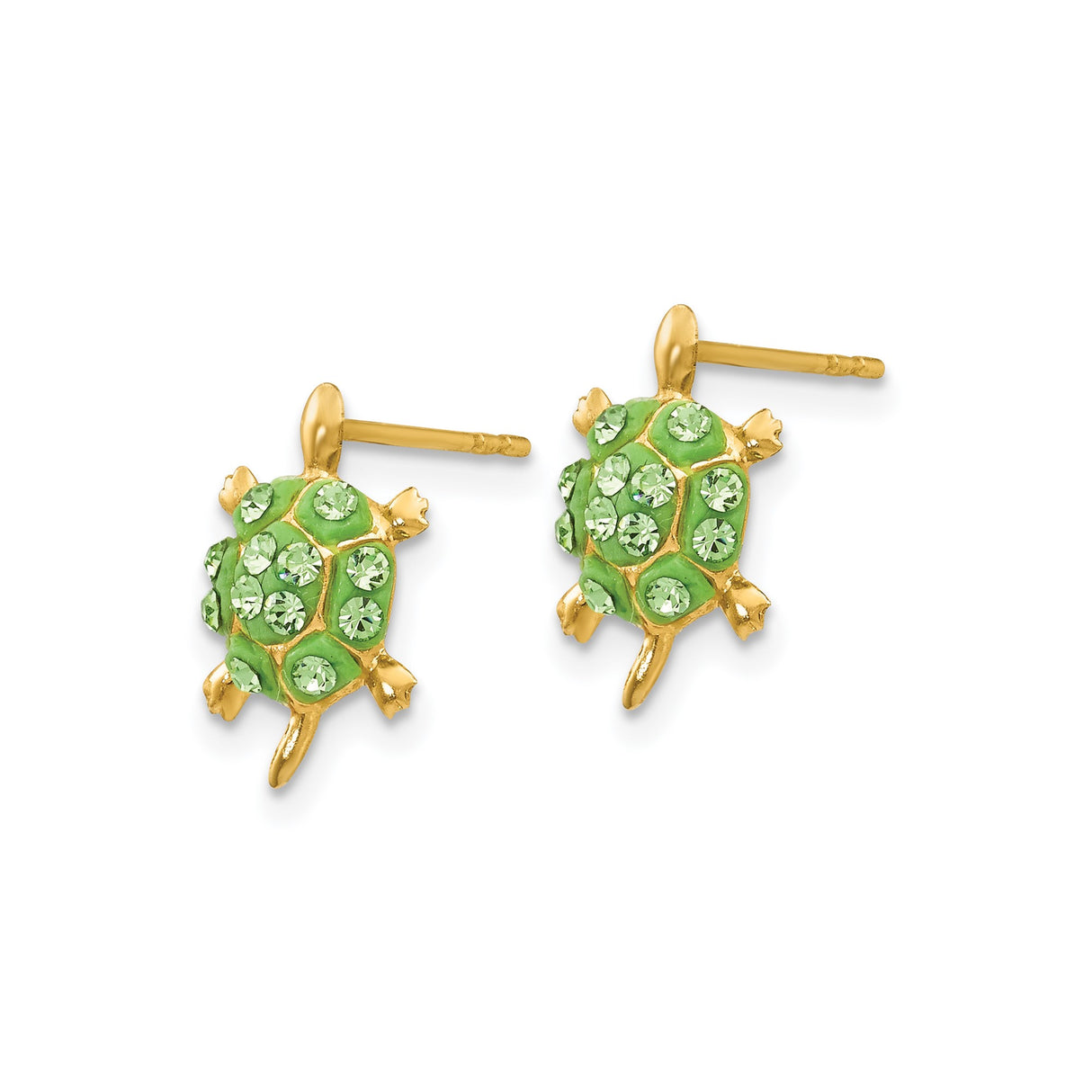 14k Yellow Gold Turtle Stud Earrings with Green Enamel and Crystal Accents, Nature-Inspired Jewelry