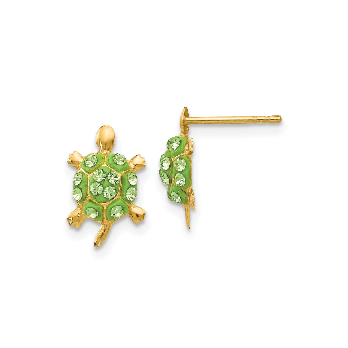 14k Yellow Gold Turtle Stud Earrings with Green Enamel and Crystal Accents, Nature-Inspired Jewelry