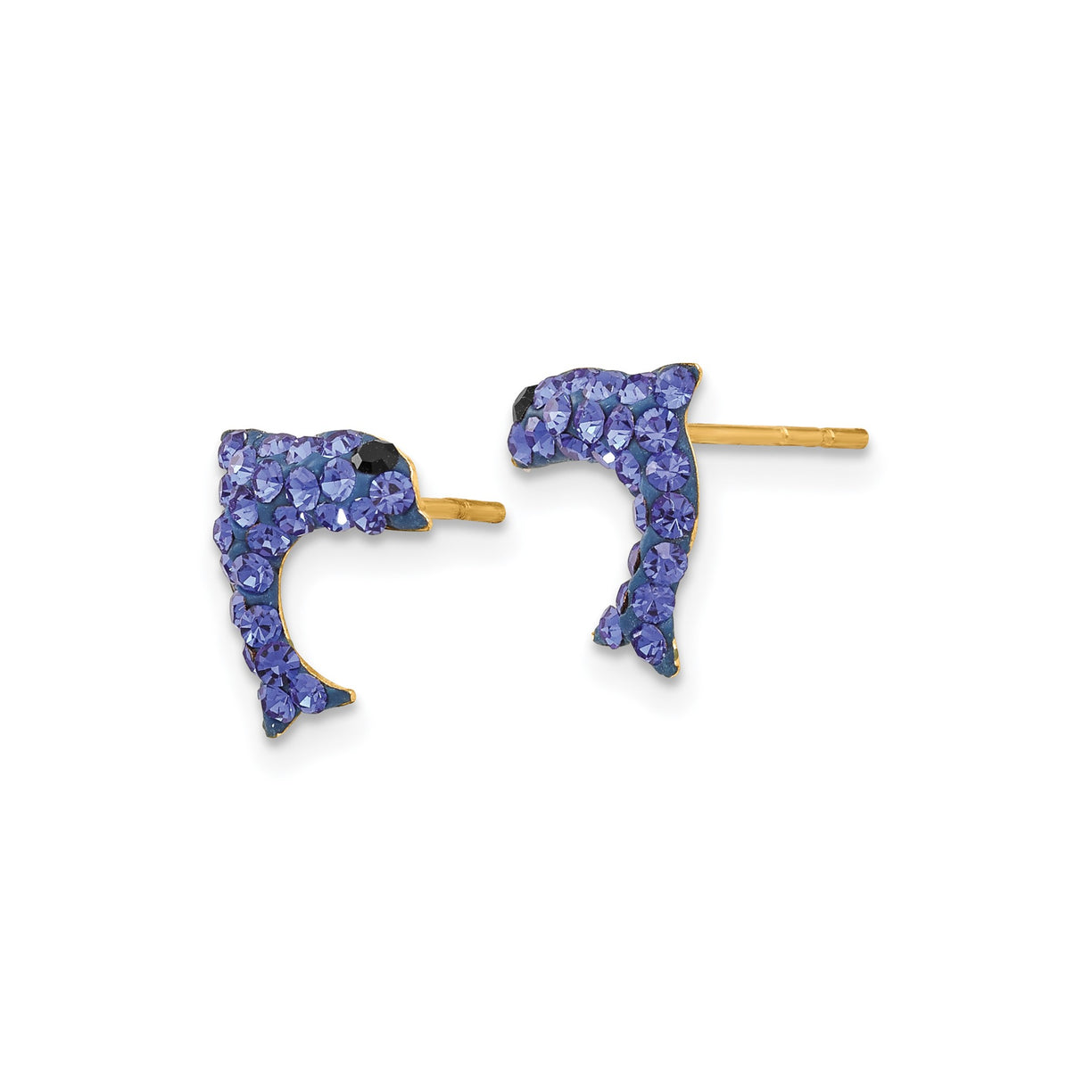 14k Yellow Gold Dolphin Stud Earrings with Blue and Black Crystals, Ocean-Inspired Design