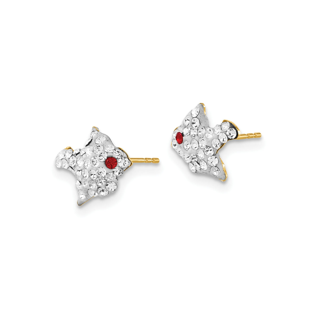 14k Yellow Gold Fish Stud Earrings with Red and Clear Cubic Zirconia Accents