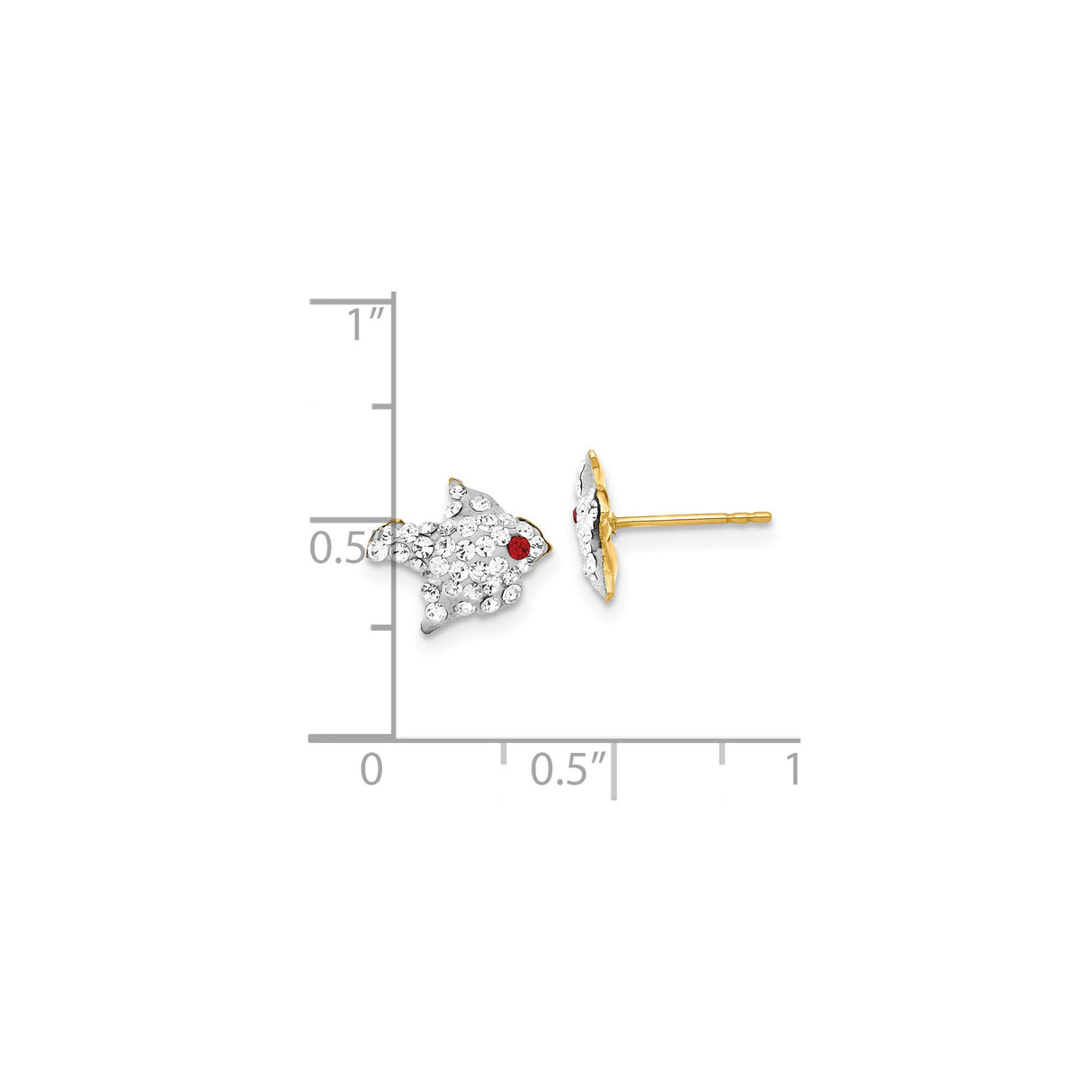 14k Yellow Gold Fish Stud Earrings with Red and Clear Cubic Zirconia Accents