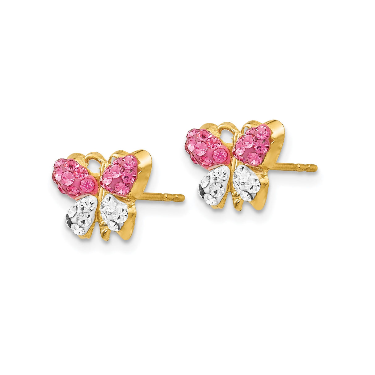 14k Yellow Gold Butterfly Stud Earrings with Pink and White Crystals, Dainty Nature-Inspired Jewelry