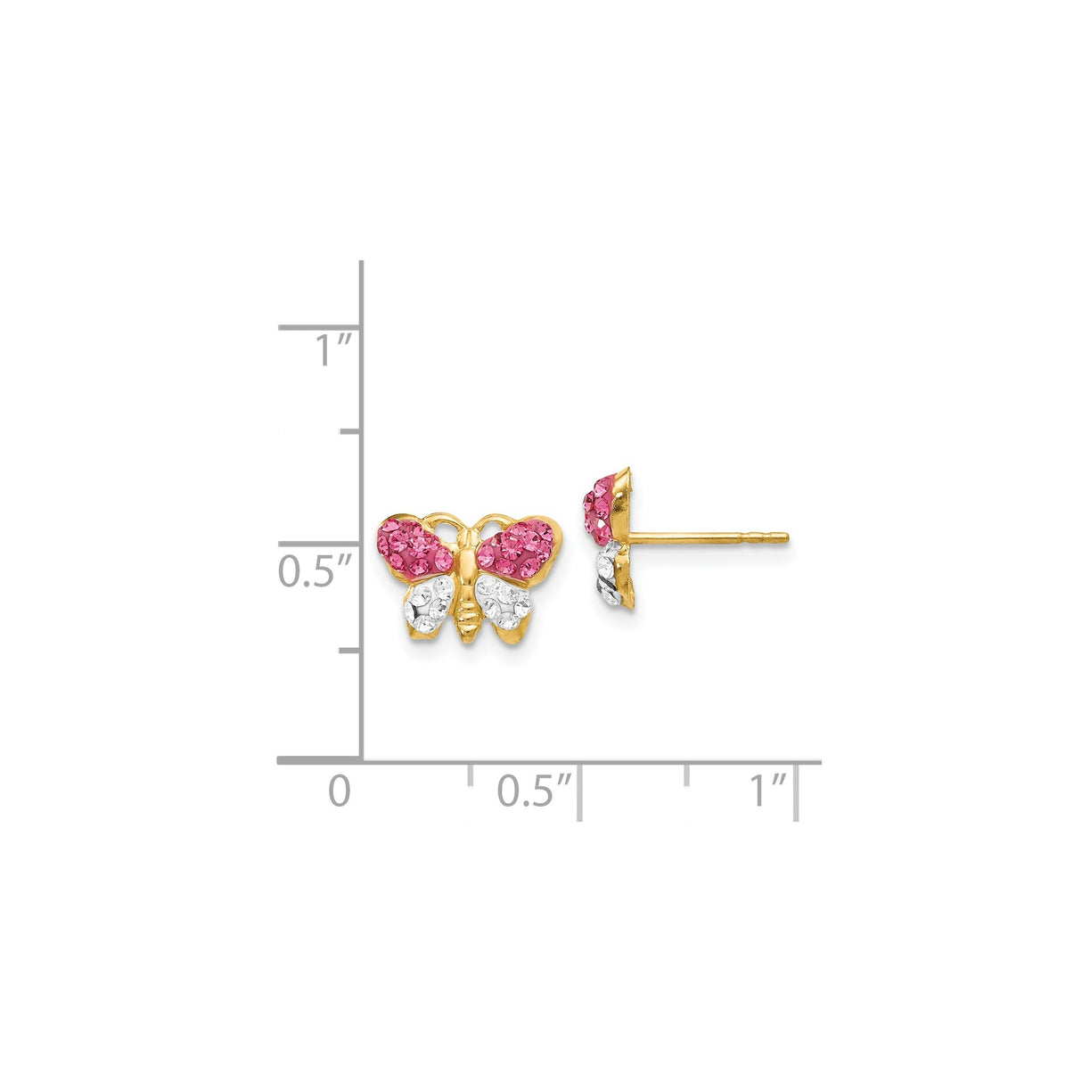 14k Yellow Gold Butterfly Stud Earrings with Pink and White Crystals, Dainty Nature-Inspired Jewelry