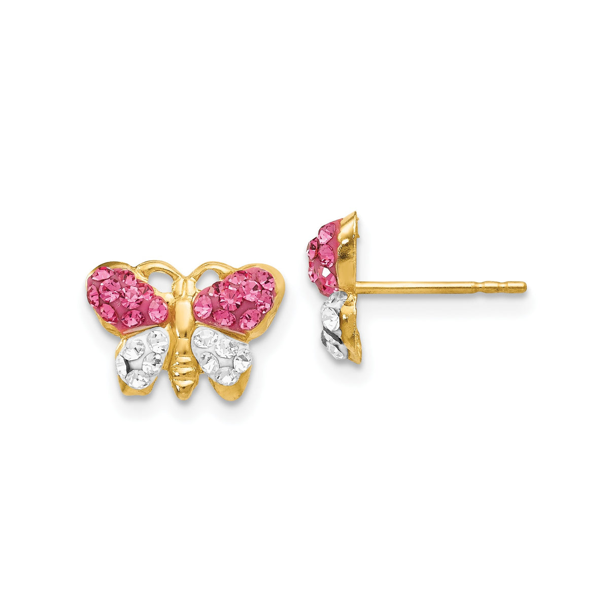 14k Yellow Gold Butterfly Stud Earrings with Pink and White Crystals, Dainty Nature-Inspired Jewelry